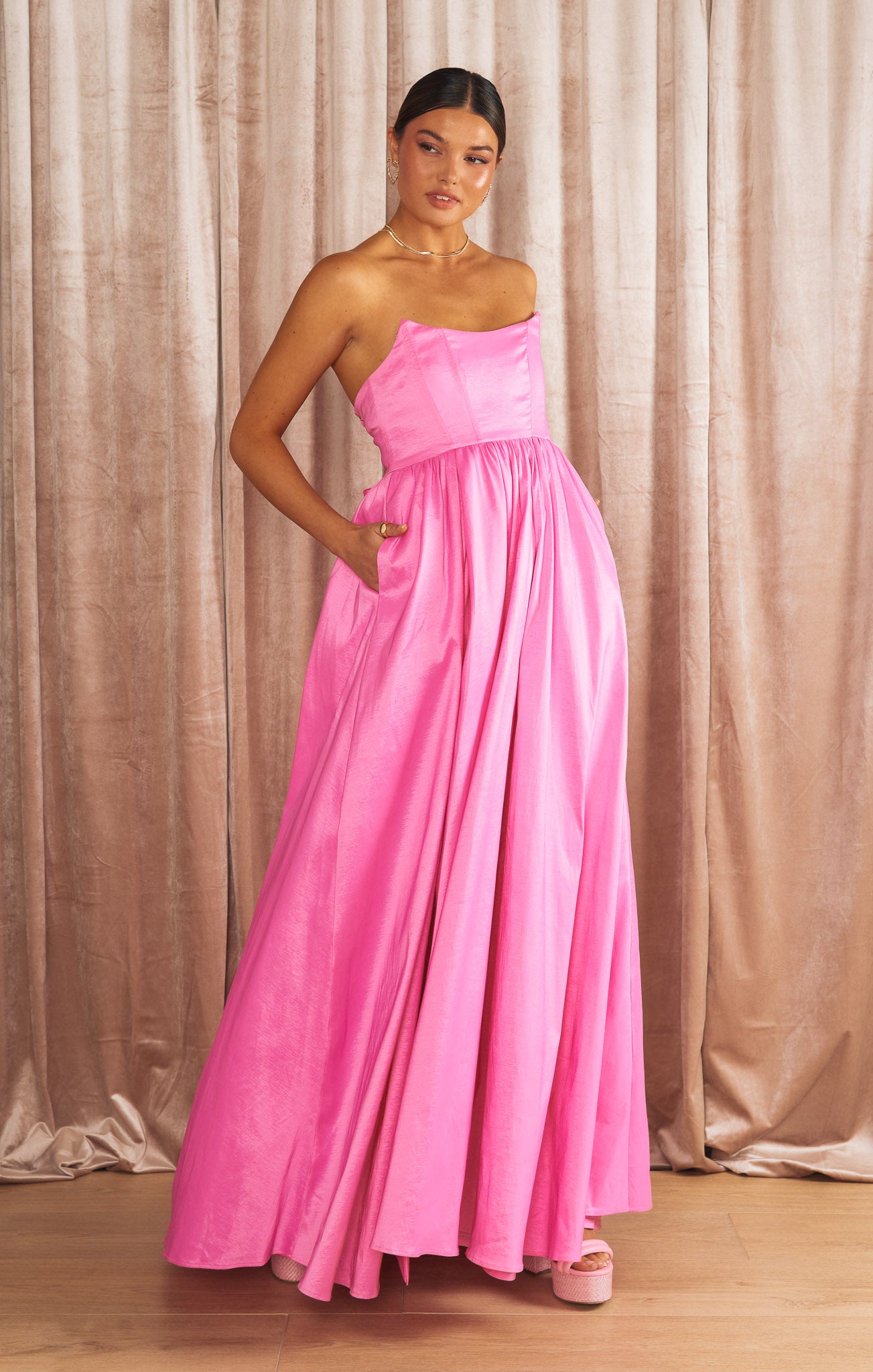 Pink Taffeta Maxi Dress with Corset Bodice & Side Slit | Juliet