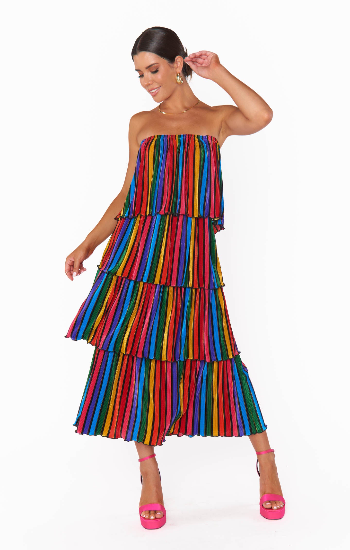 Rainbow Stripe Off-Shoulder Midi Dress | Lana Pleat