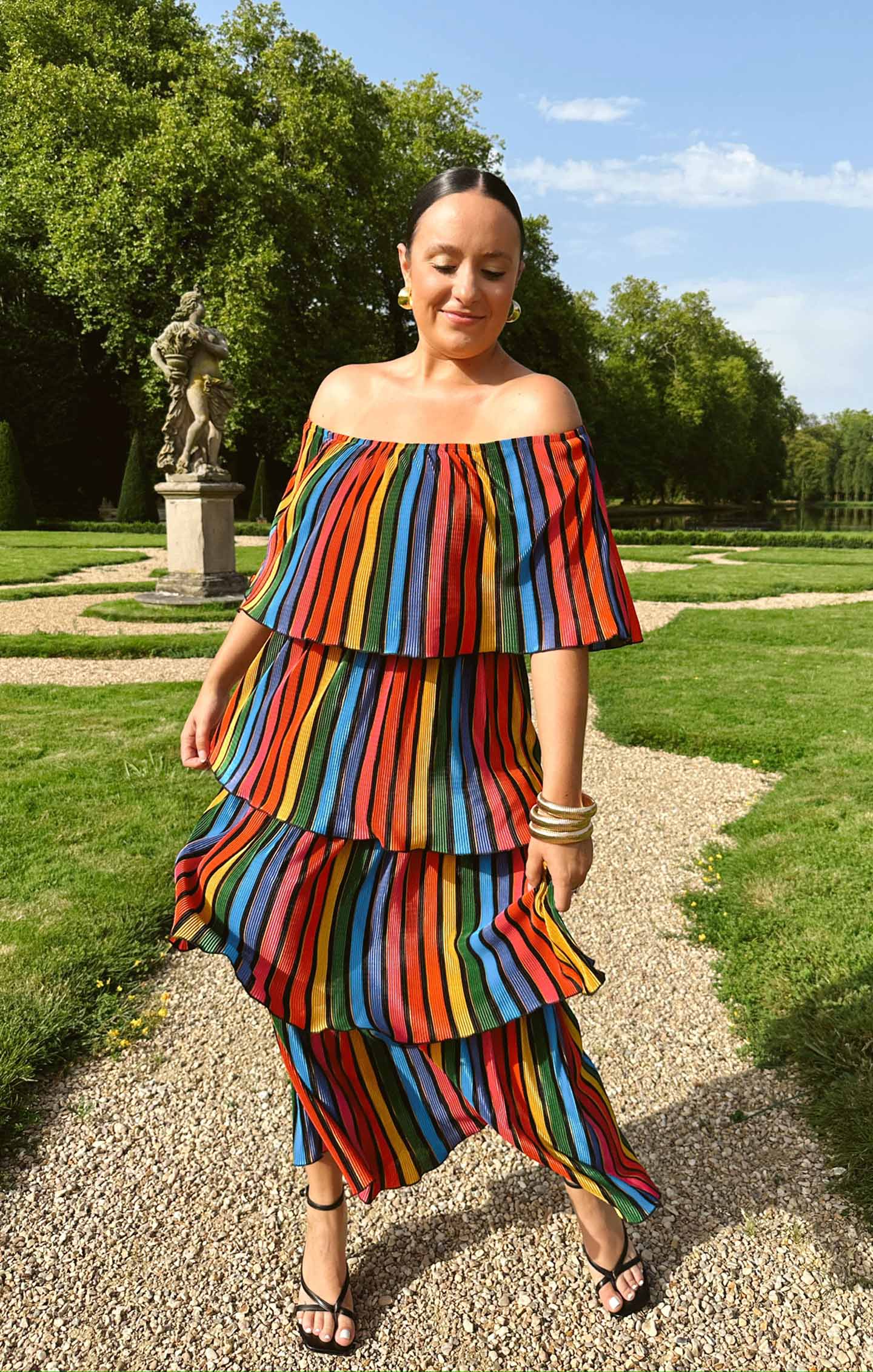 Rainbow Stripe Off-Shoulder Midi Dress | Lana Pleat