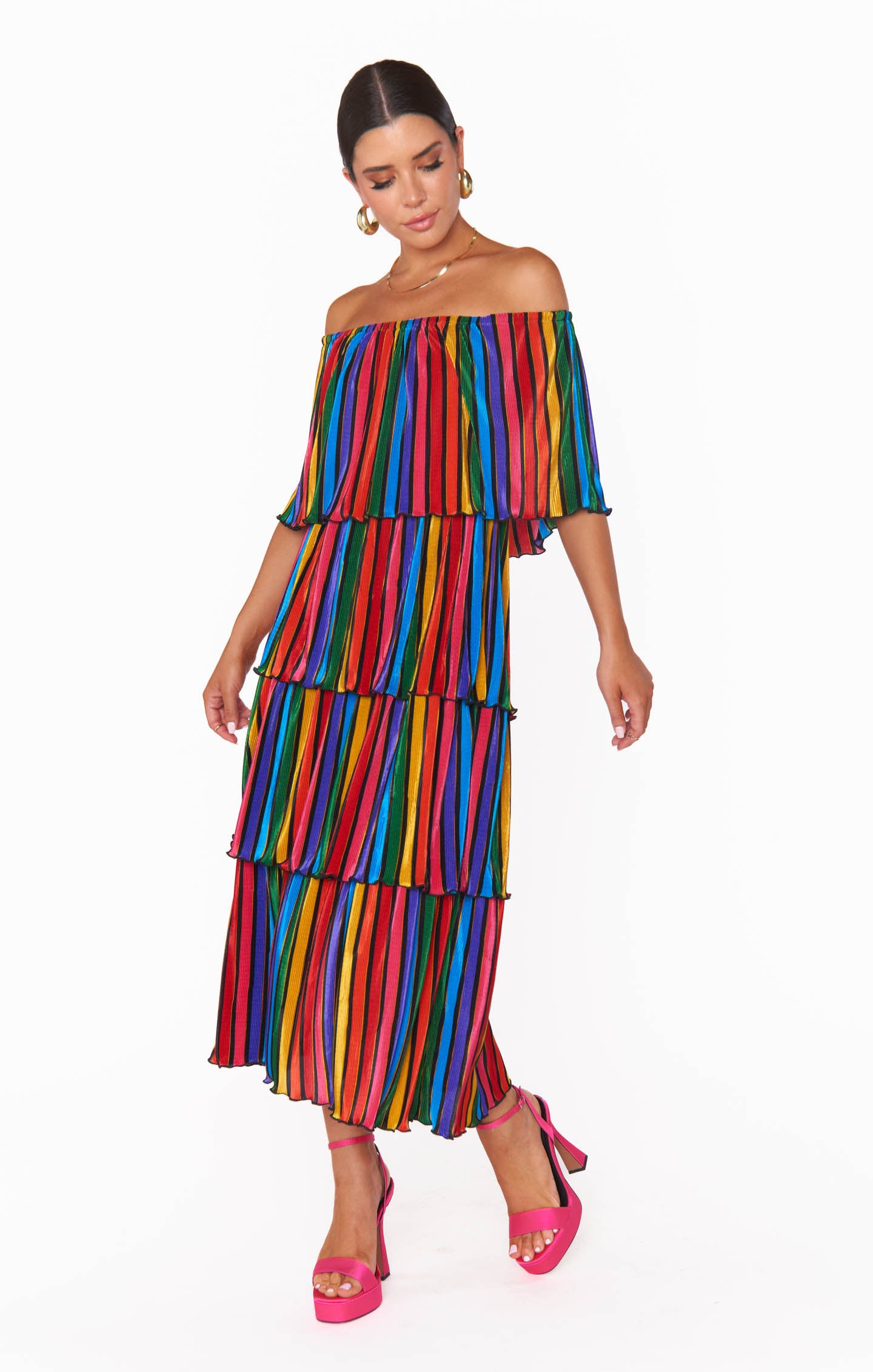 Rainbow Stripe Off-Shoulder Midi Dress | Lana Pleat