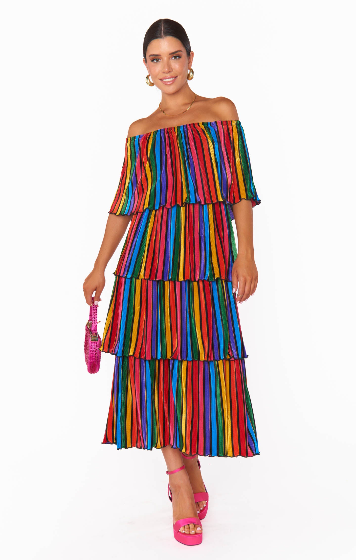 Rainbow Stripe Off-Shoulder Midi Dress | Lana Pleat