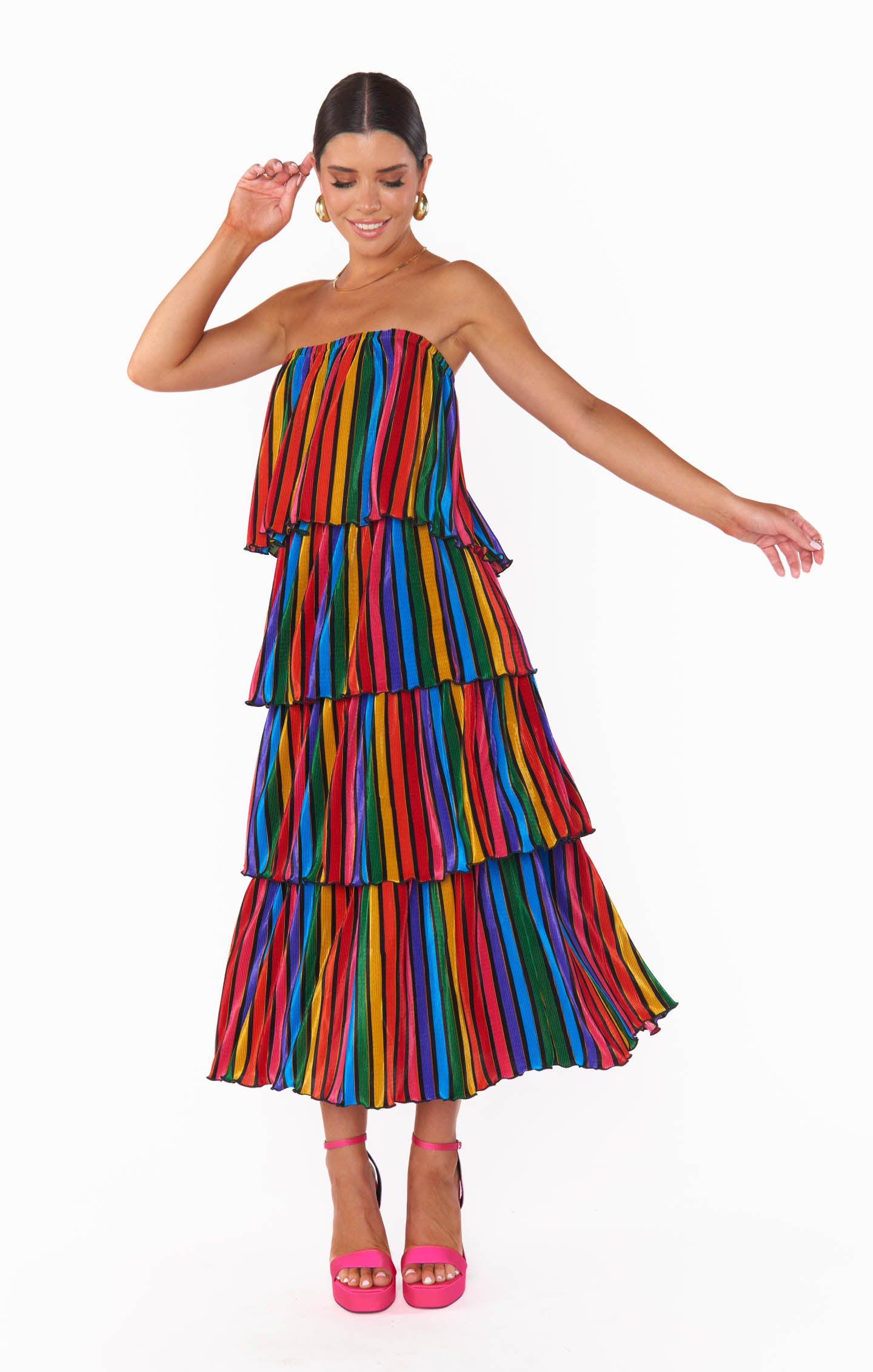 Rainbow Stripe Off-Shoulder Midi Dress | Lana Pleat