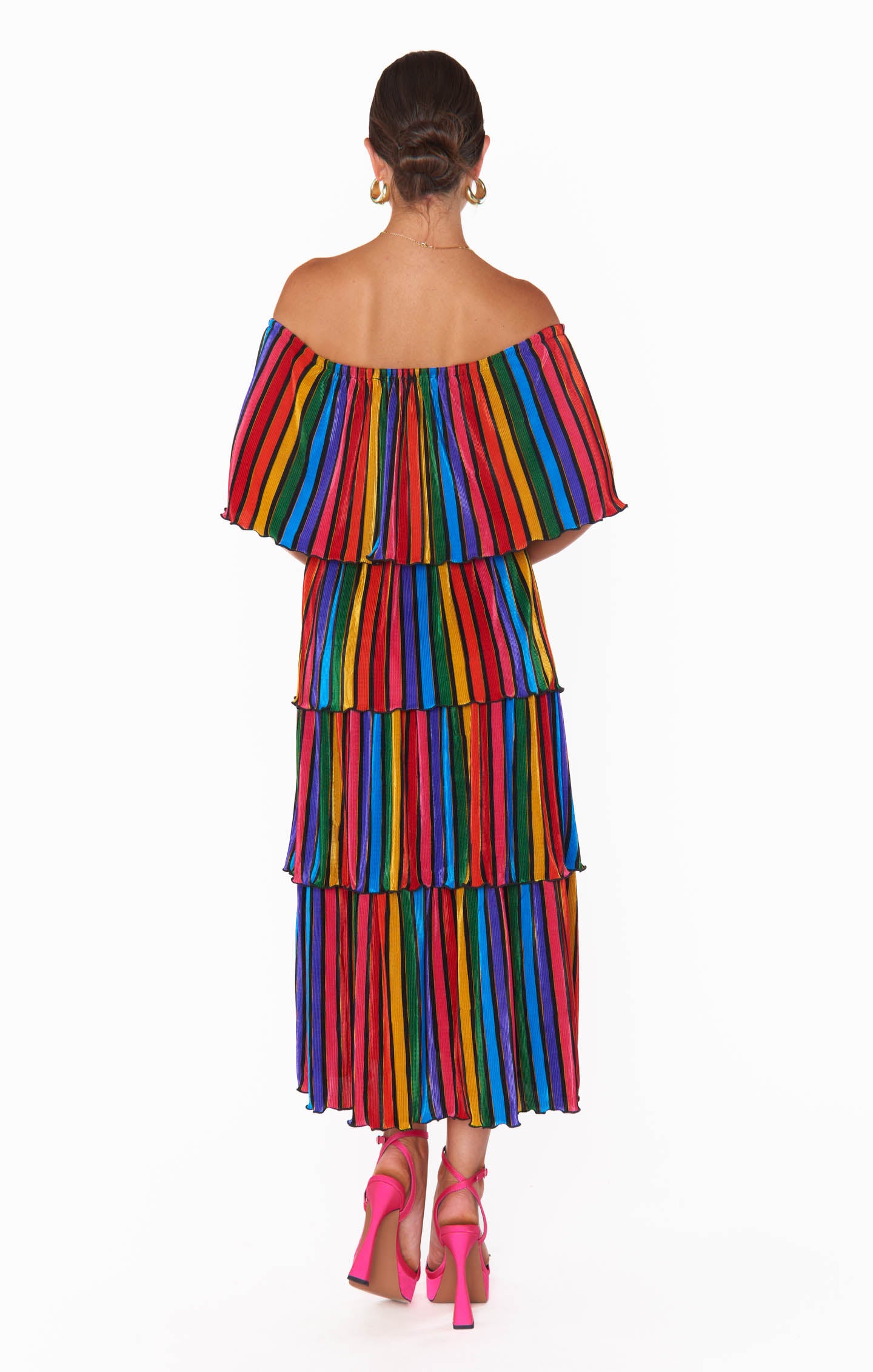 Rainbow Stripe Off-Shoulder Midi Dress | Lana Pleat