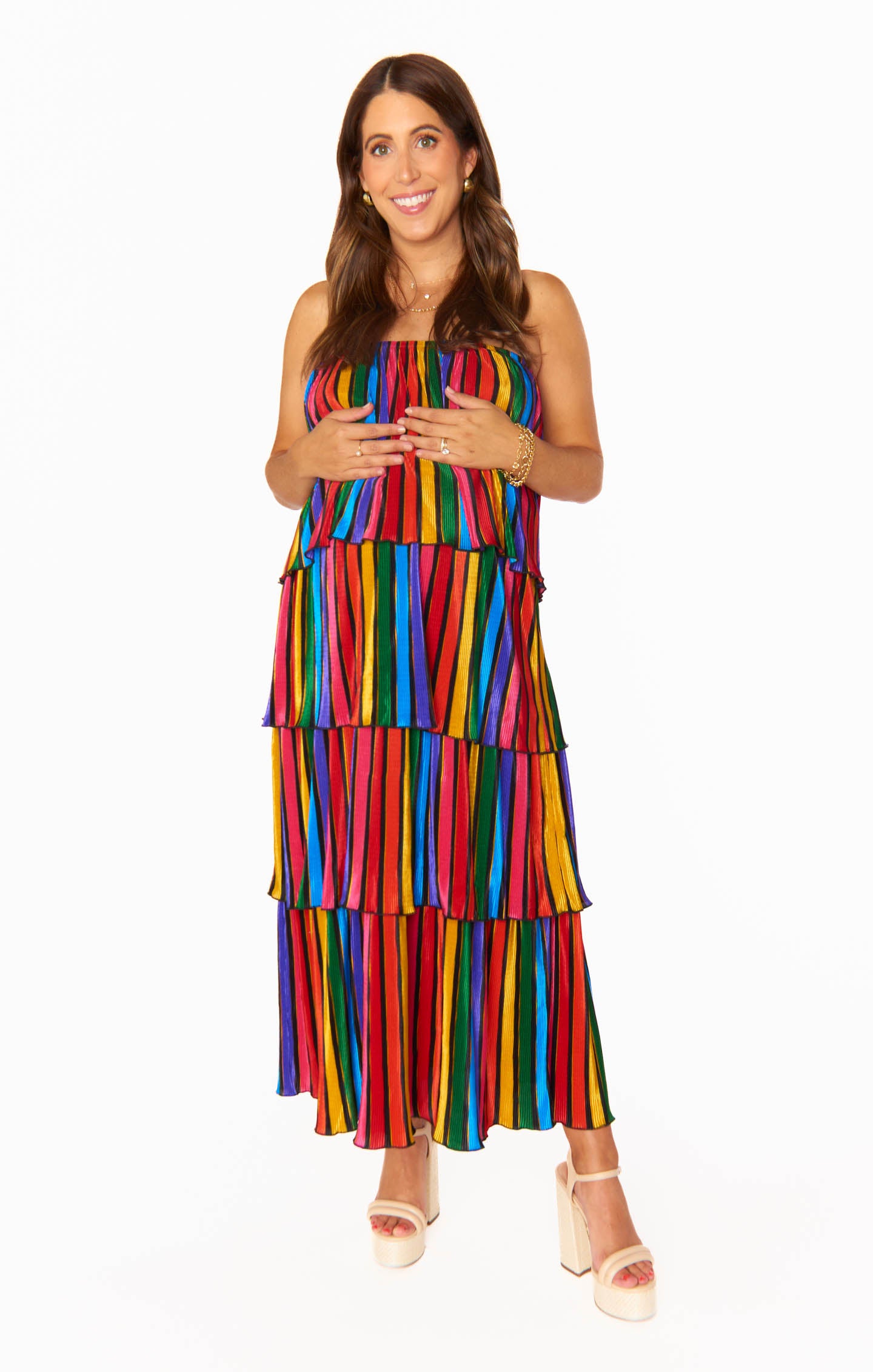 Rainbow Stripe Off-Shoulder Midi Dress | Lana Pleat
