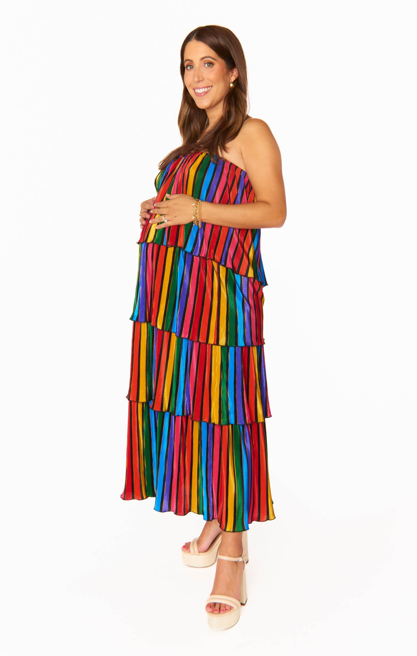 Rainbow Stripe Off-Shoulder Midi Dress | Lana Pleat