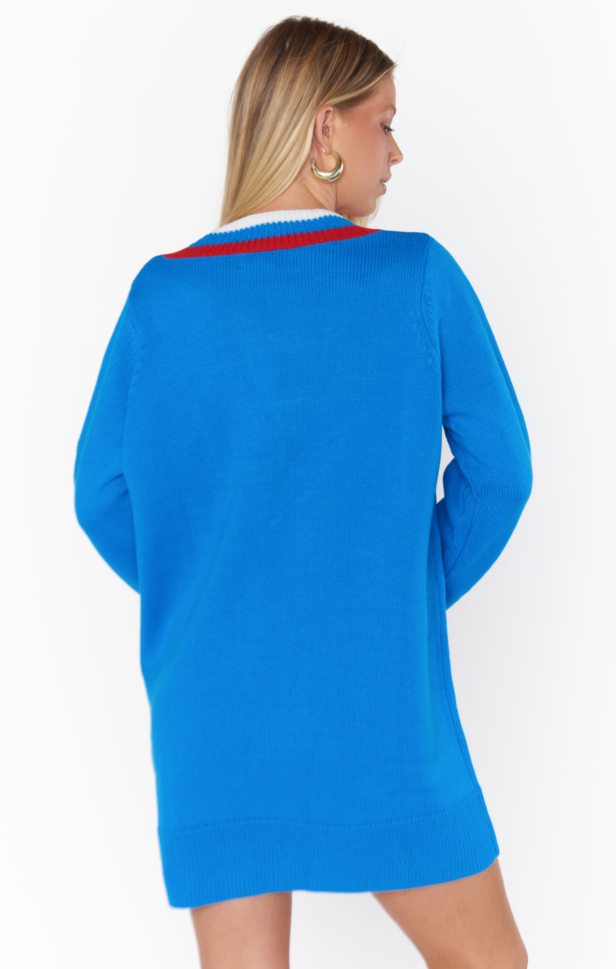 Blue & Red Stripe Sweater Mini Dress | V-Neck & Ribbed Detail