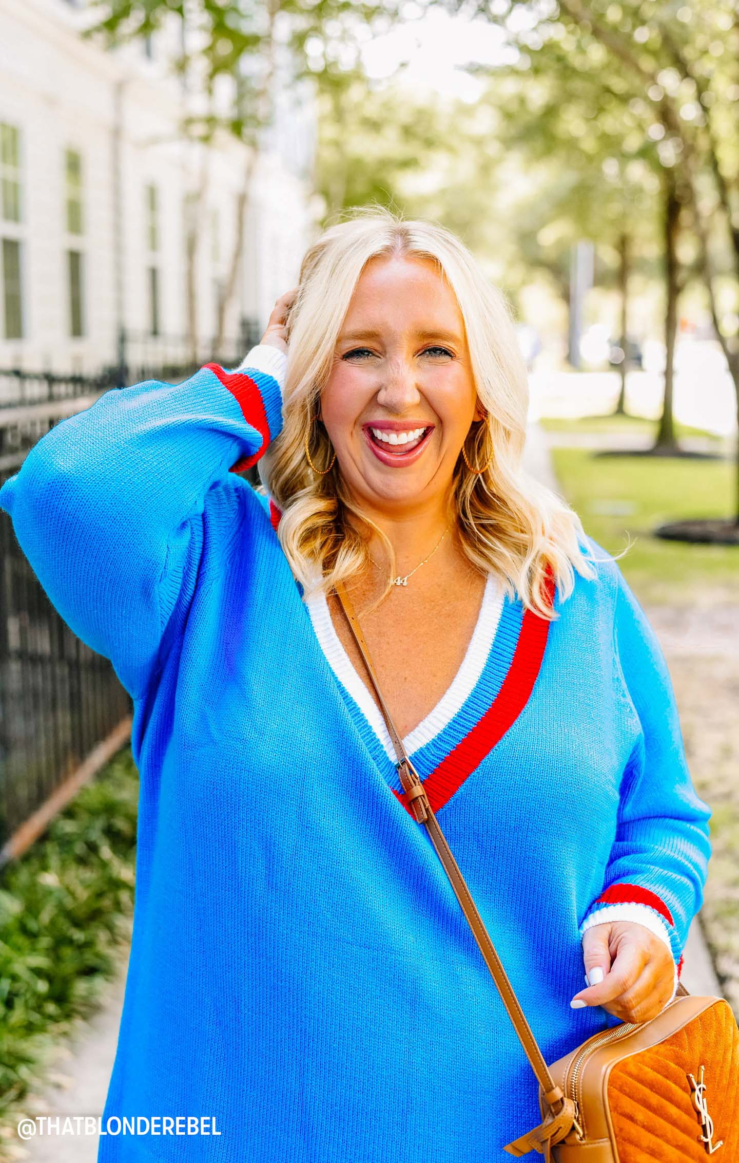 Blue & Red Stripe Sweater Mini Dress | V-Neck & Ribbed Detail