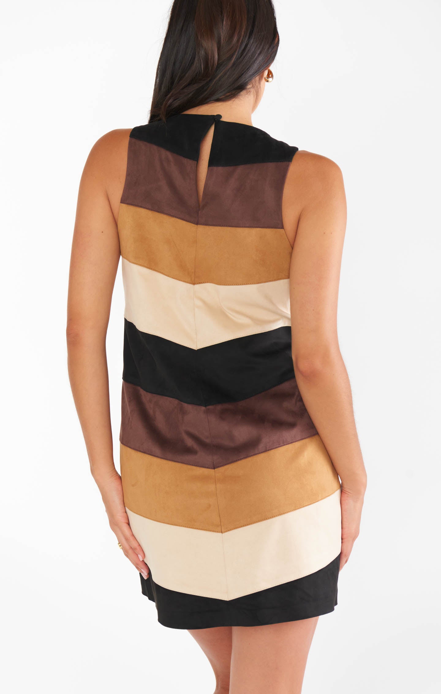 Retro Mod Mini Dress - Faux Suede Chevron & High Neck | Vintage Style