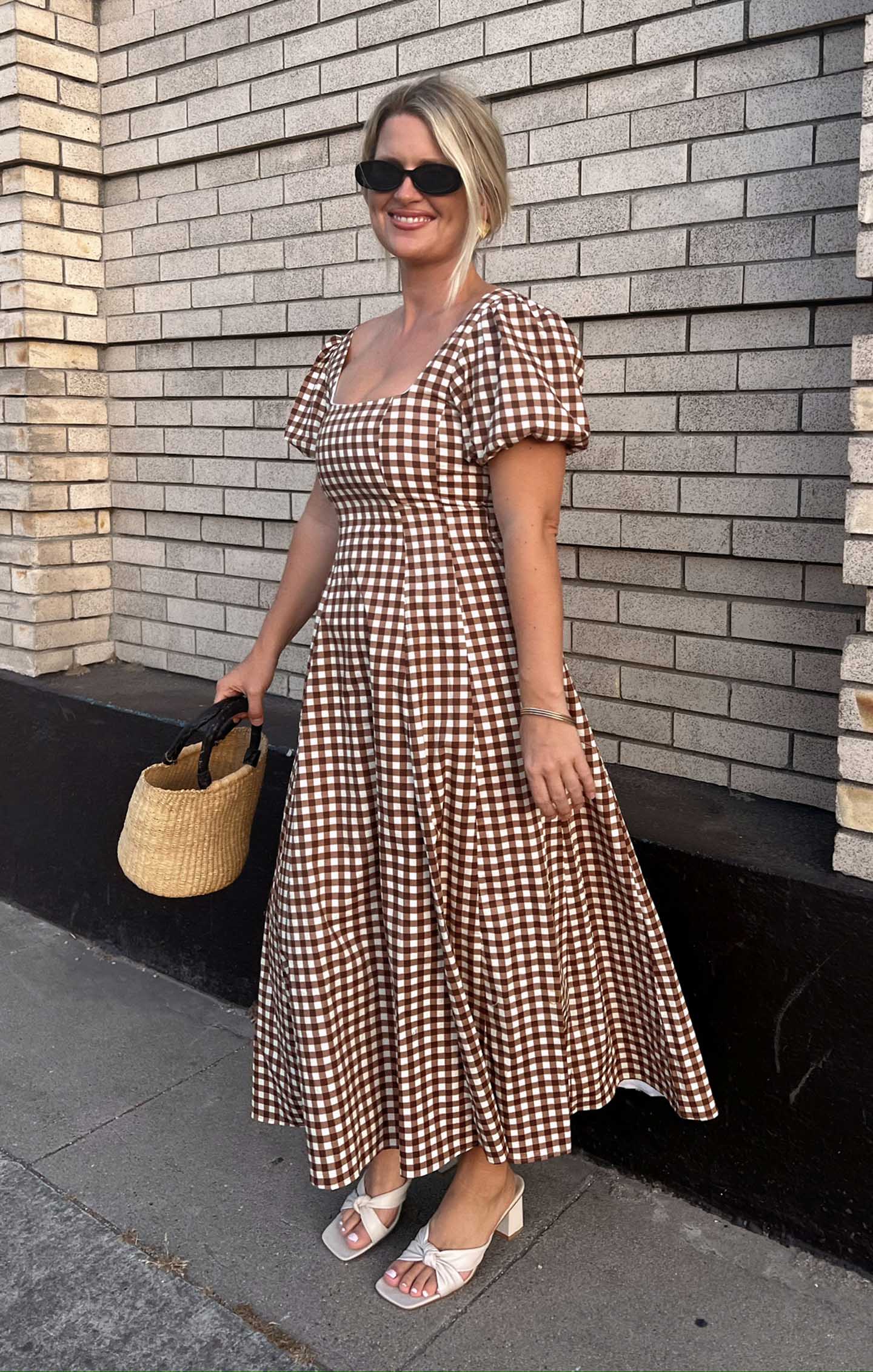 Brown Gingham Midi Dress with Poof Sleeves & Smocked Back | Mia