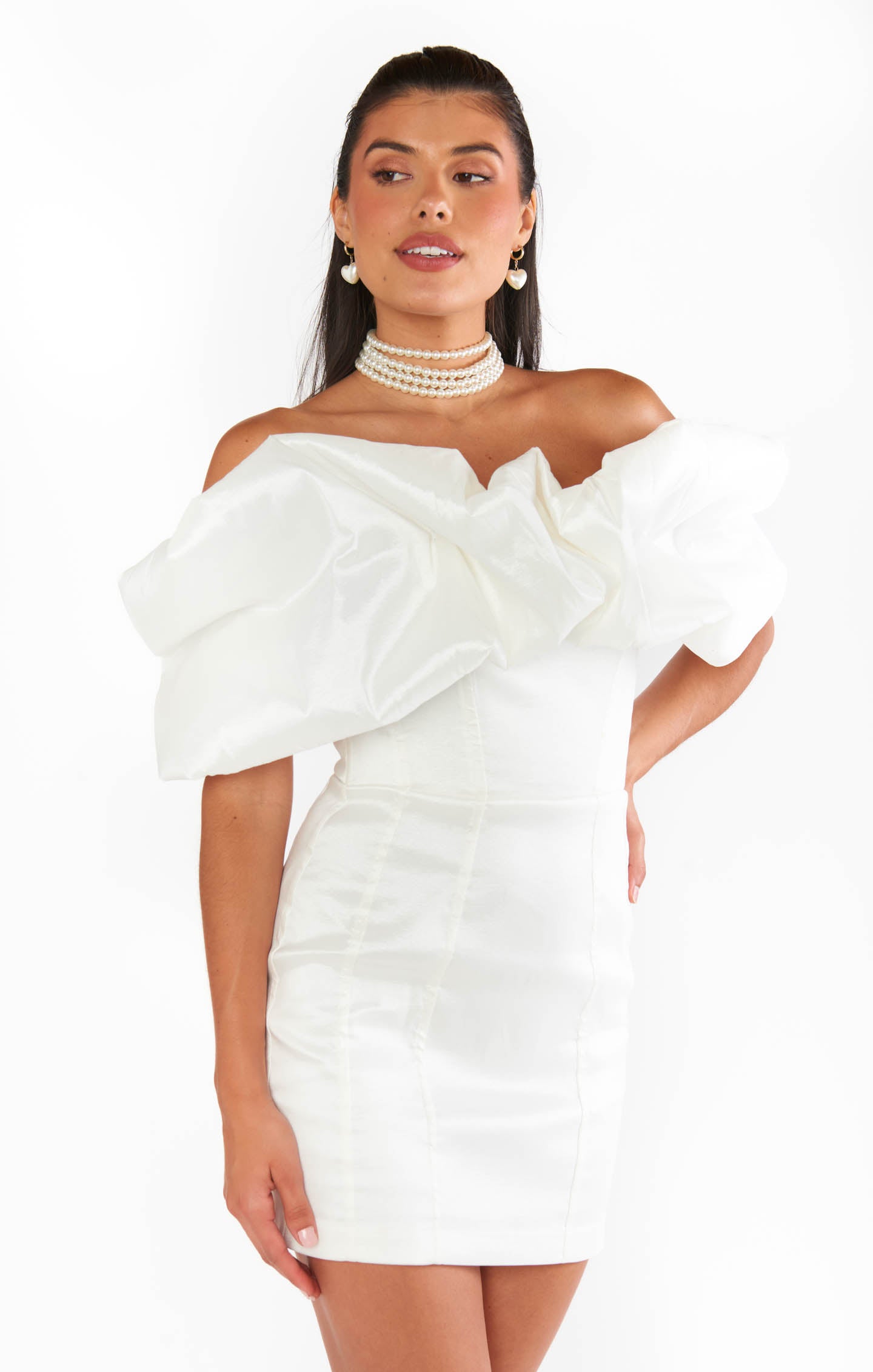 Off-Shoulder White Taffeta Mini Dress | Major Drama