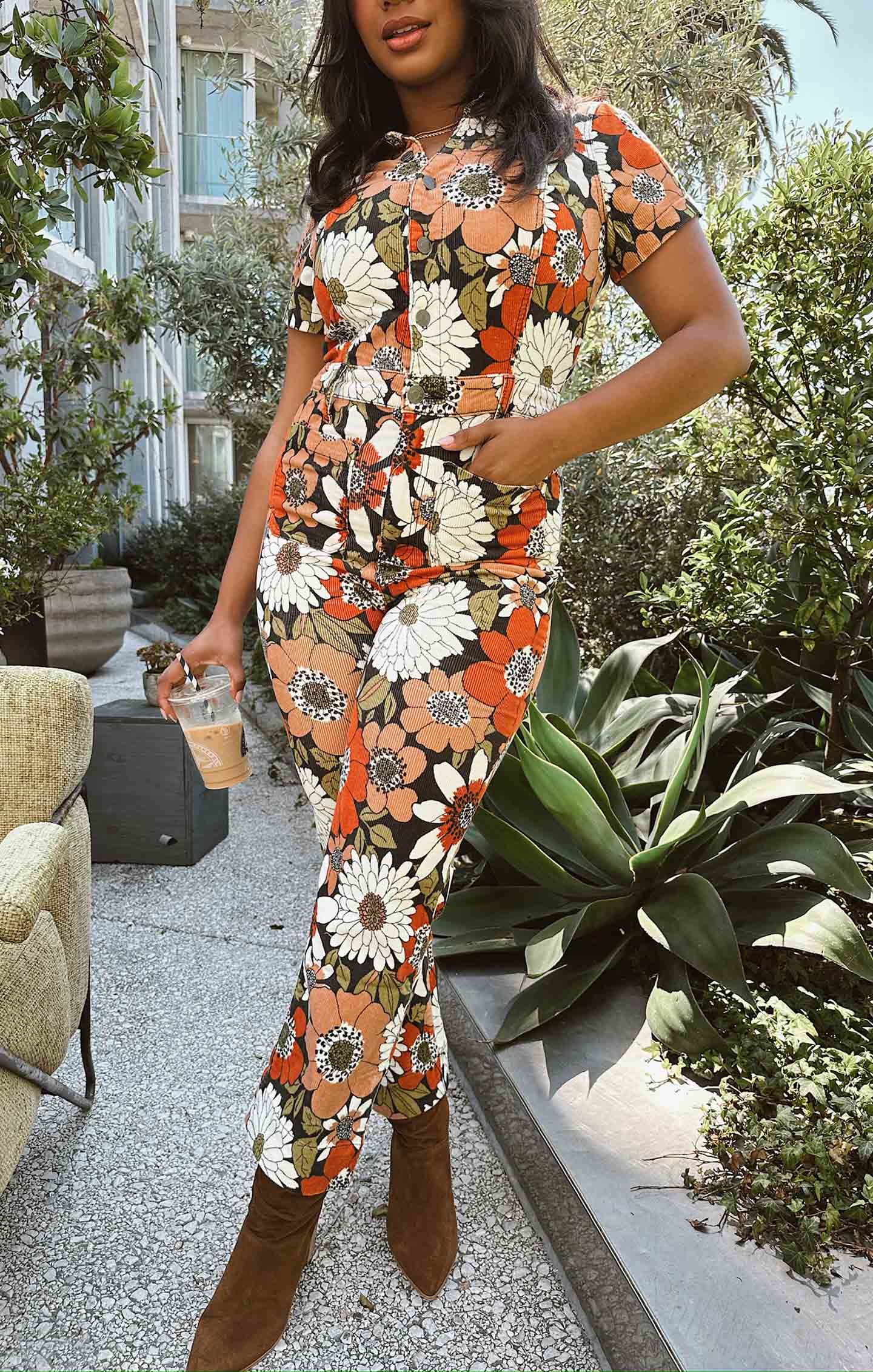 Cropped Floral Corduroy Jumpsuit with Front Buttons | Everhart