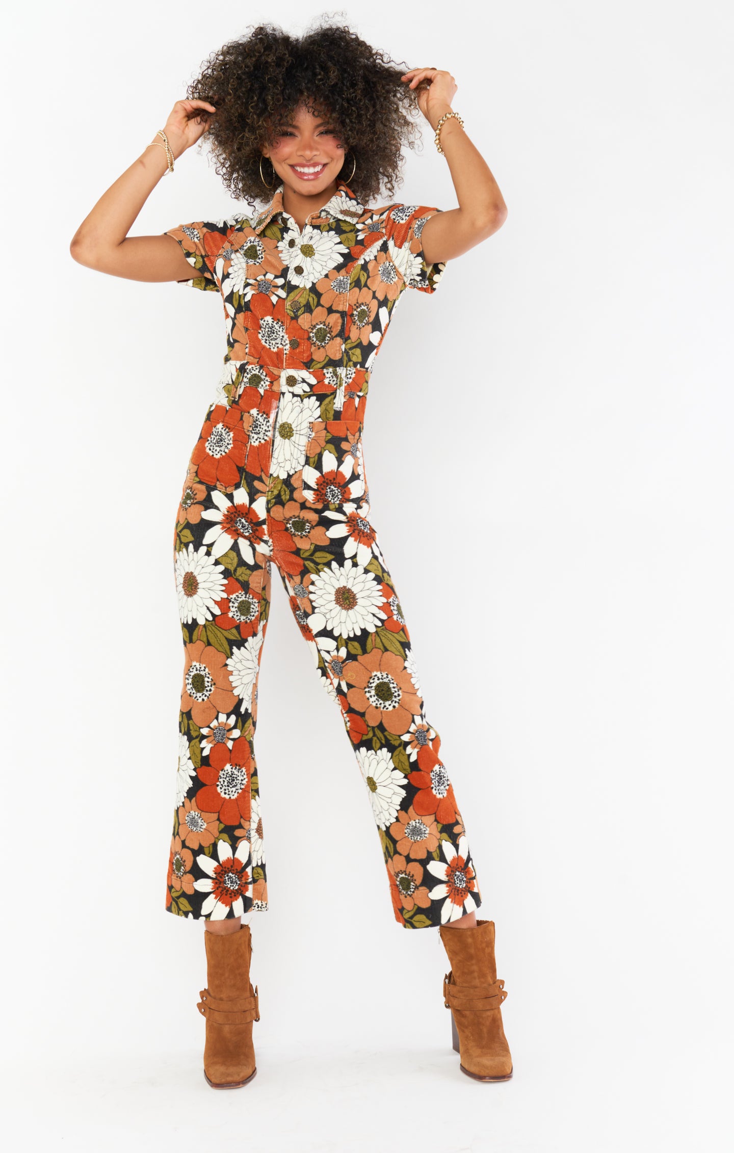 Cropped Floral Corduroy Jumpsuit with Front Buttons | Everhart