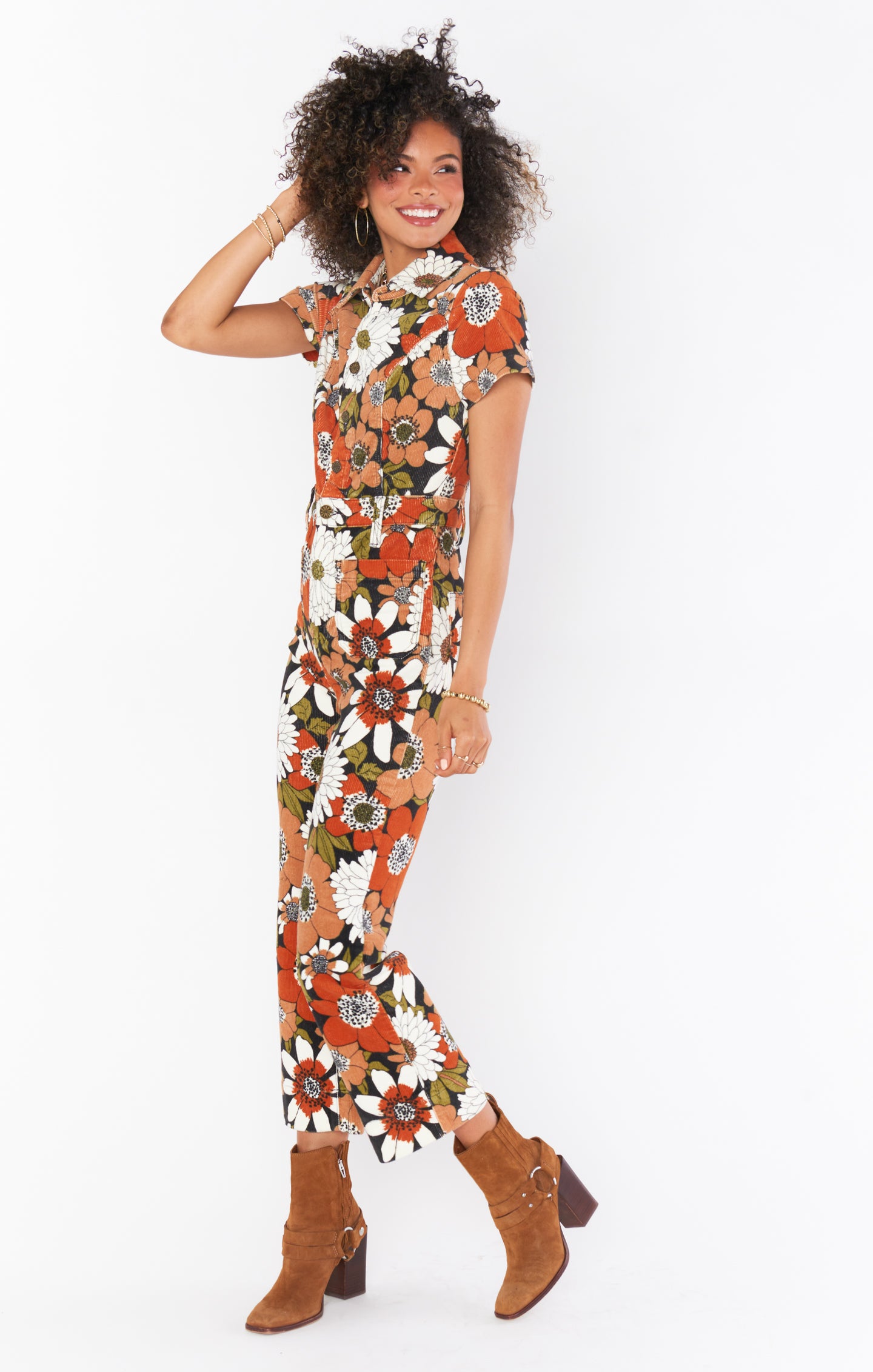Cropped Floral Corduroy Jumpsuit with Front Buttons | Everhart