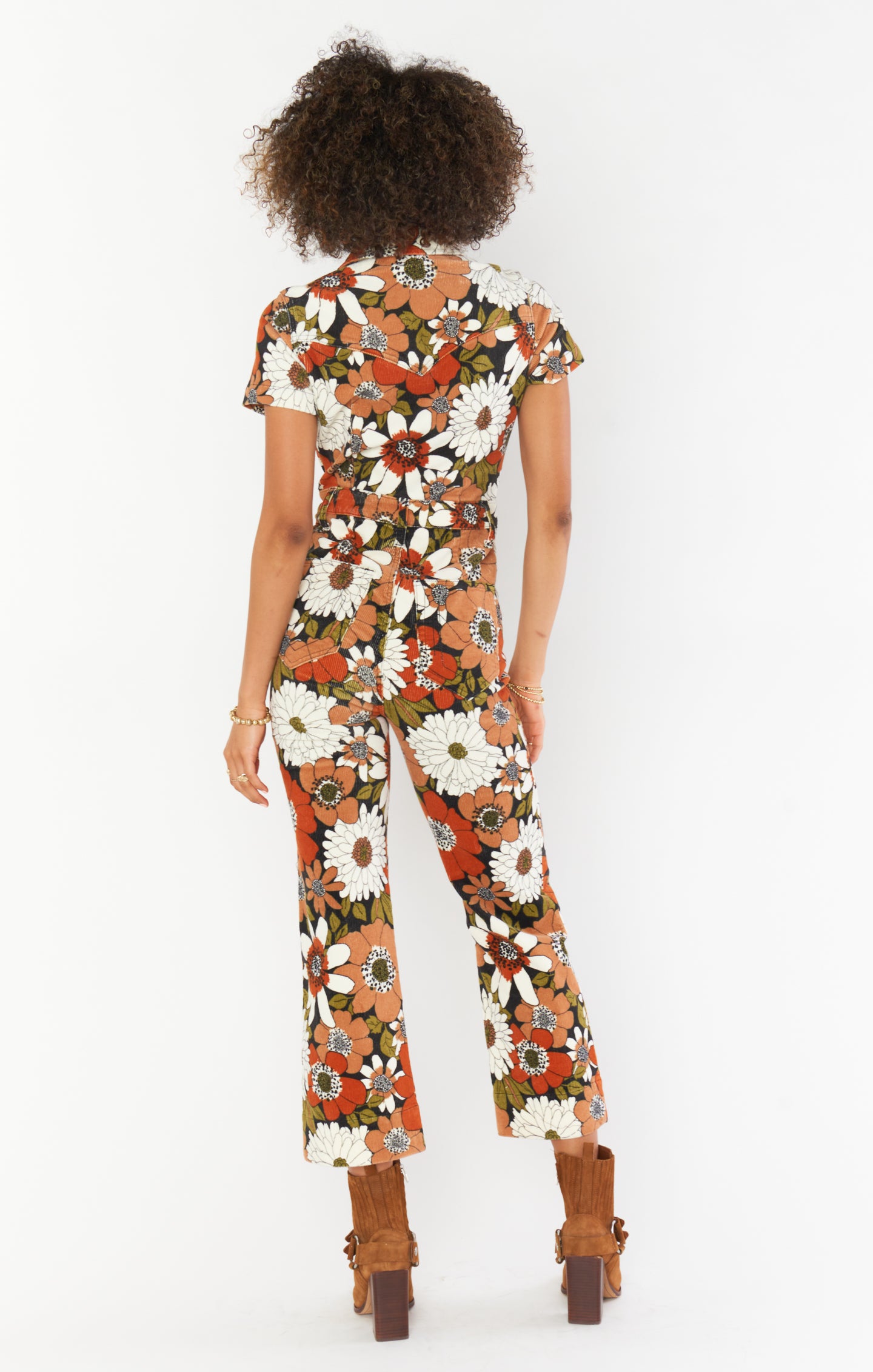 Cropped Floral Corduroy Jumpsuit with Front Buttons | Everhart