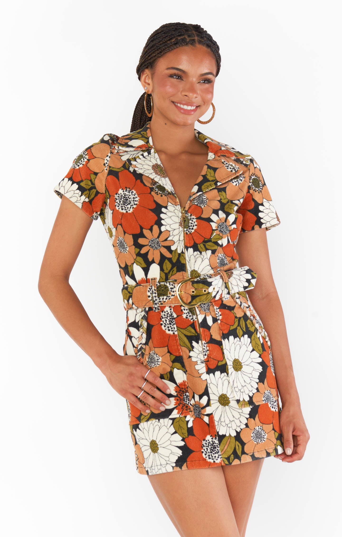 Floral Corduroy Mini Dress with Front Zip & Cargo Pockets | Outlaw
