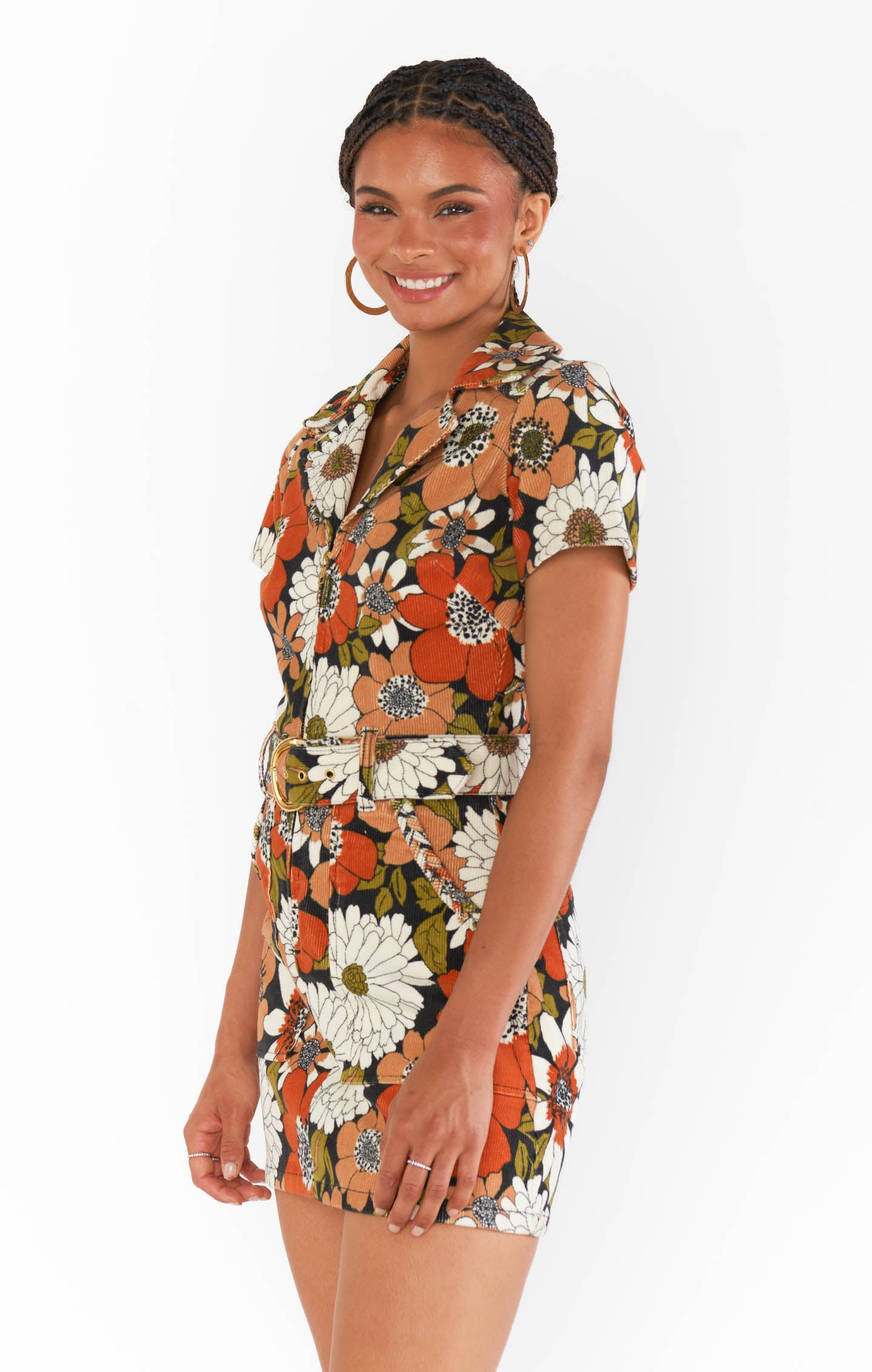 Floral Corduroy Mini Dress with Front Zip & Cargo Pockets | Outlaw