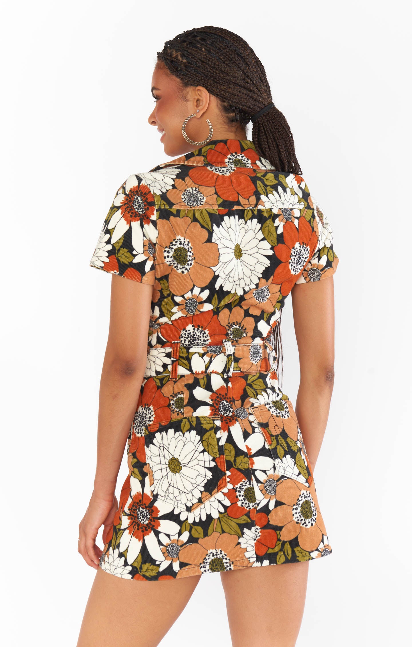 Floral Corduroy Mini Dress with Front Zip & Cargo Pockets | Outlaw