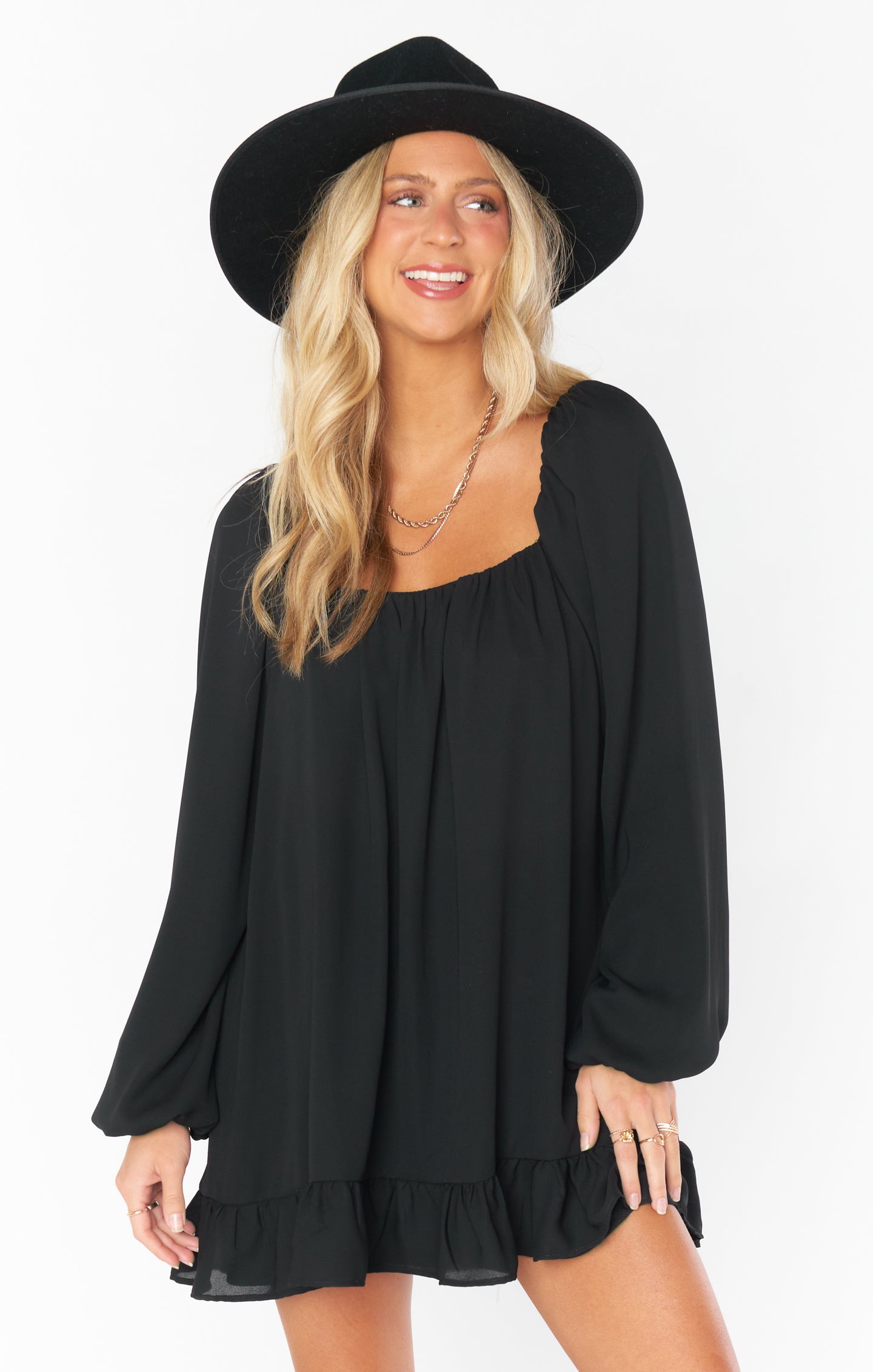 Black Long Sleeve Mini Dress with Square Neck & Puff Sleeves | Briar