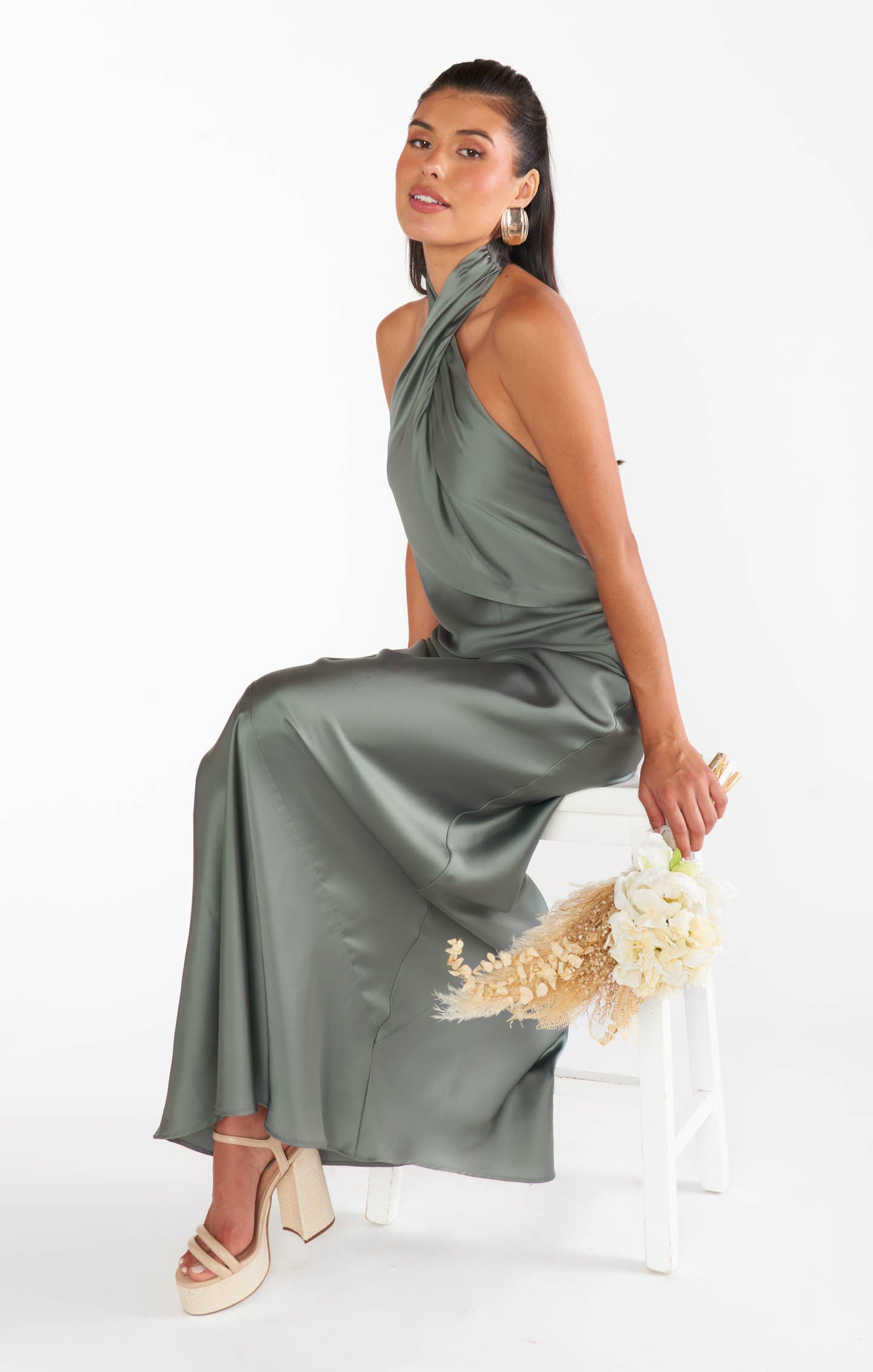 Bias-Cut Halter Maxi Dress with Open Back | Jasmine Deep Sage Satin