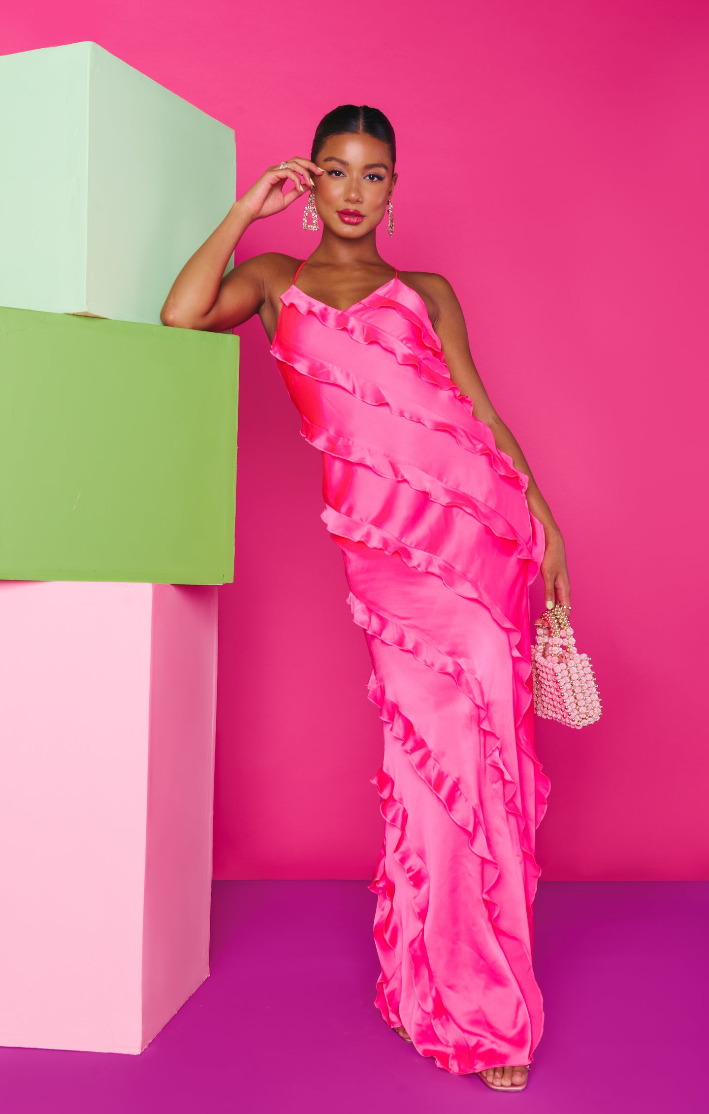 Flowy Ruffle Maxi Dress for Weddings & Formal Events | Vivid Pink Satin