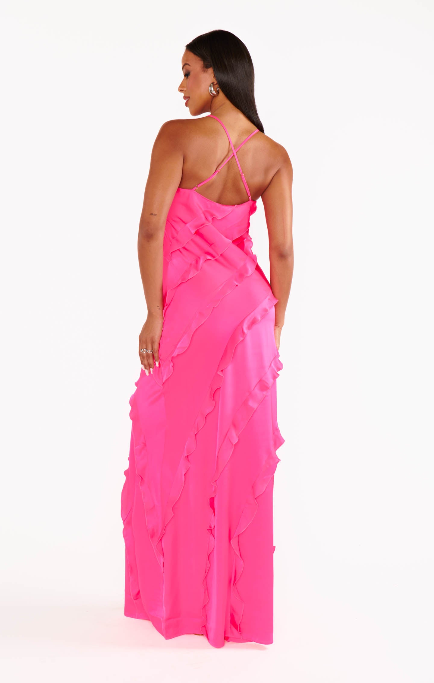 Flowy Ruffle Maxi Dress for Weddings & Formal Events | Vivid Pink Satin