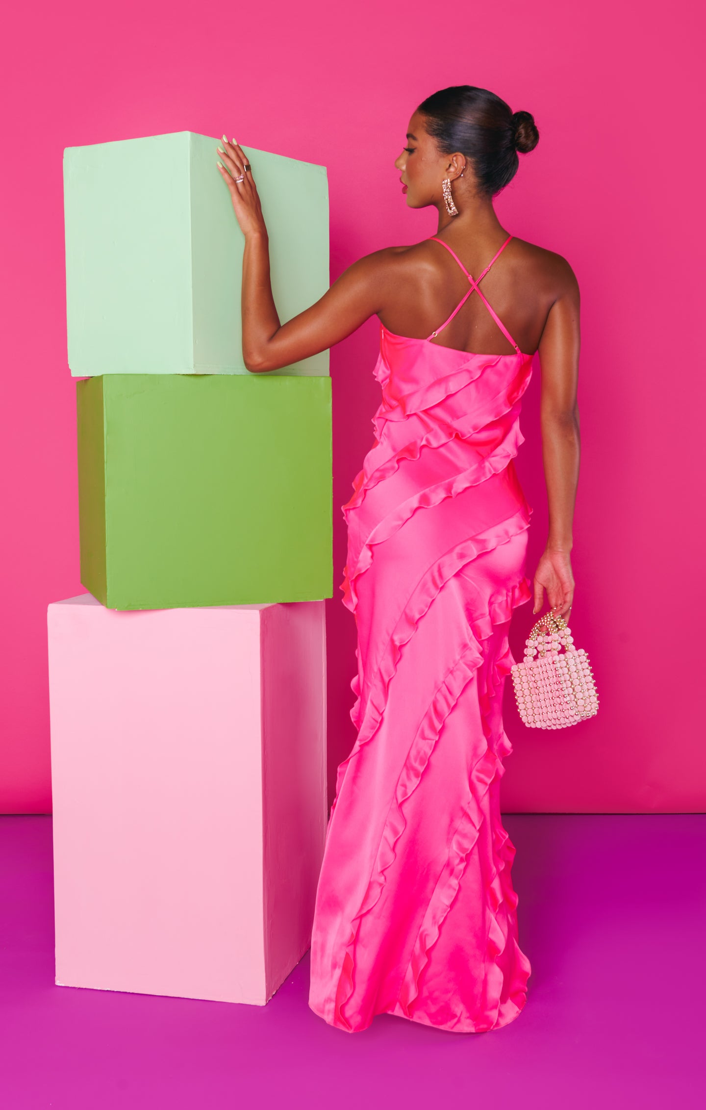 Flowy Ruffle Maxi Dress for Weddings & Formal Events | Vivid Pink Satin