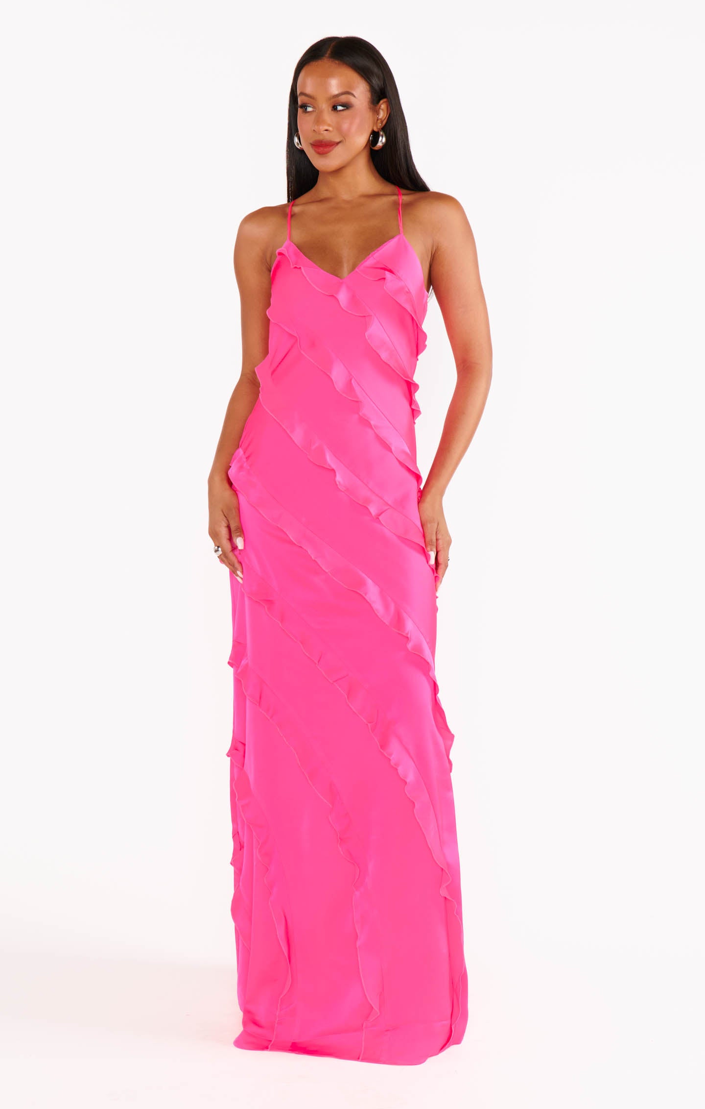 Flowy Ruffle Maxi Dress for Weddings & Formal Events | Vivid Pink Satin