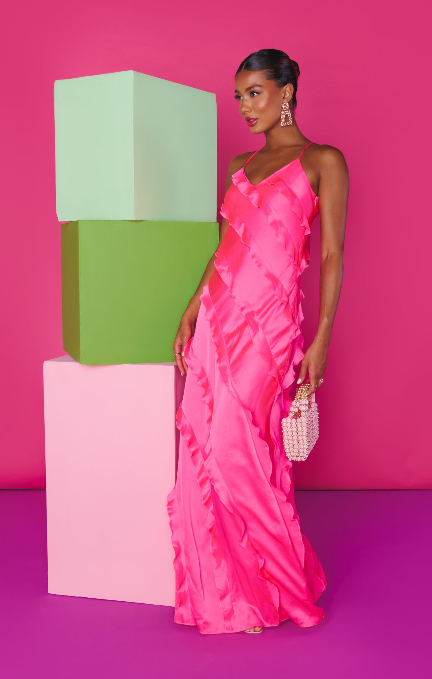 Flowy Ruffle Maxi Dress for Weddings & Formal Events | Vivid Pink Satin
