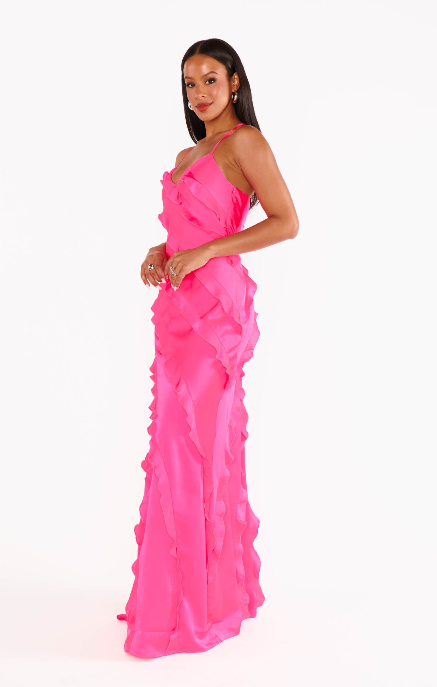 Flowy Ruffle Maxi Dress for Weddings & Formal Events | Vivid Pink Satin
