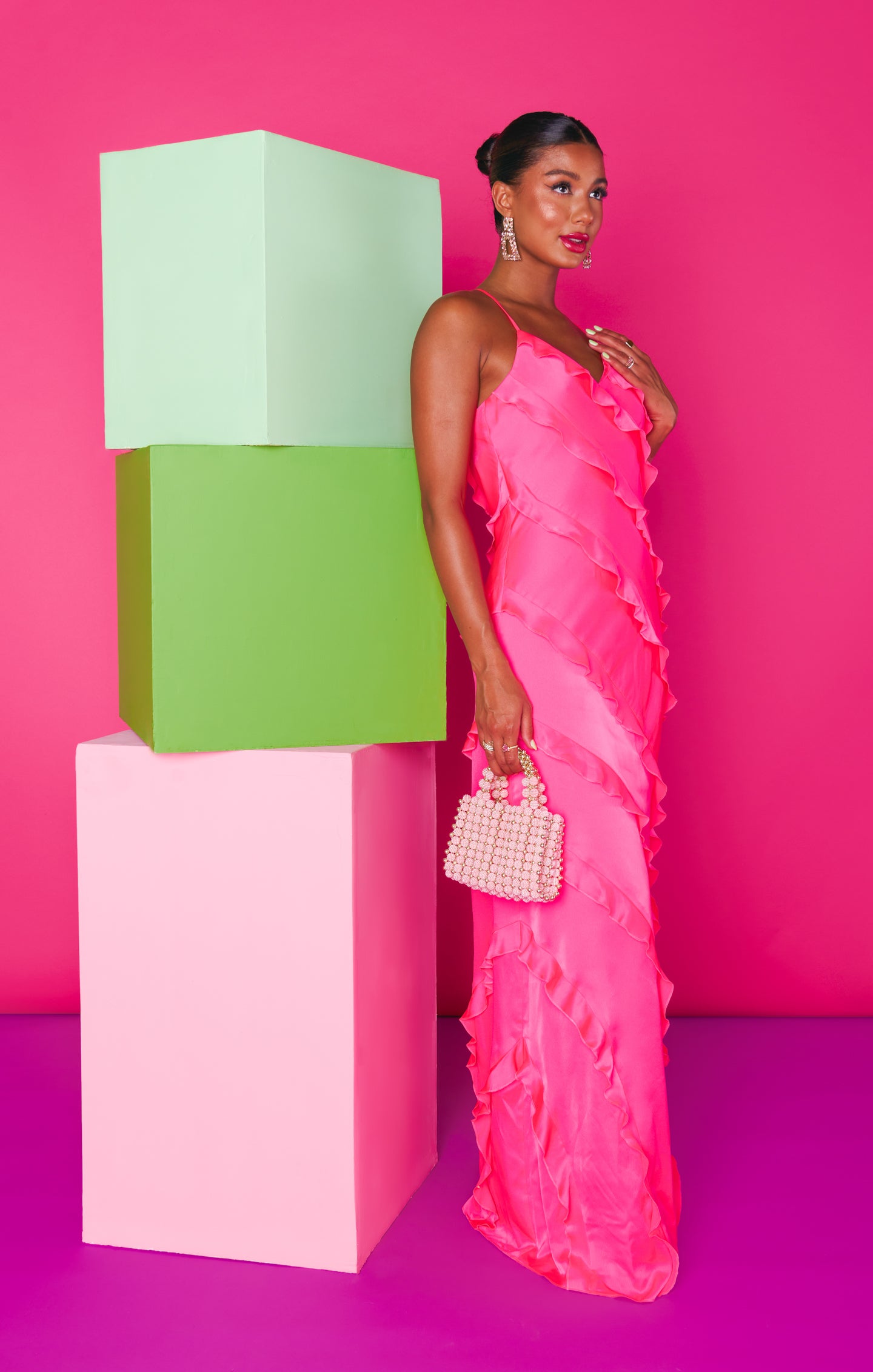 Flowy Ruffle Maxi Dress for Weddings & Formal Events | Vivid Pink Satin
