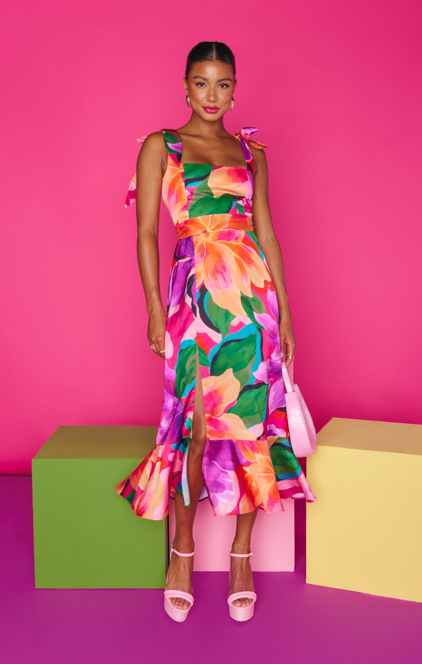 Floral Midi Dress with Adjustable Tie Straps & Side Slit | Water Lily