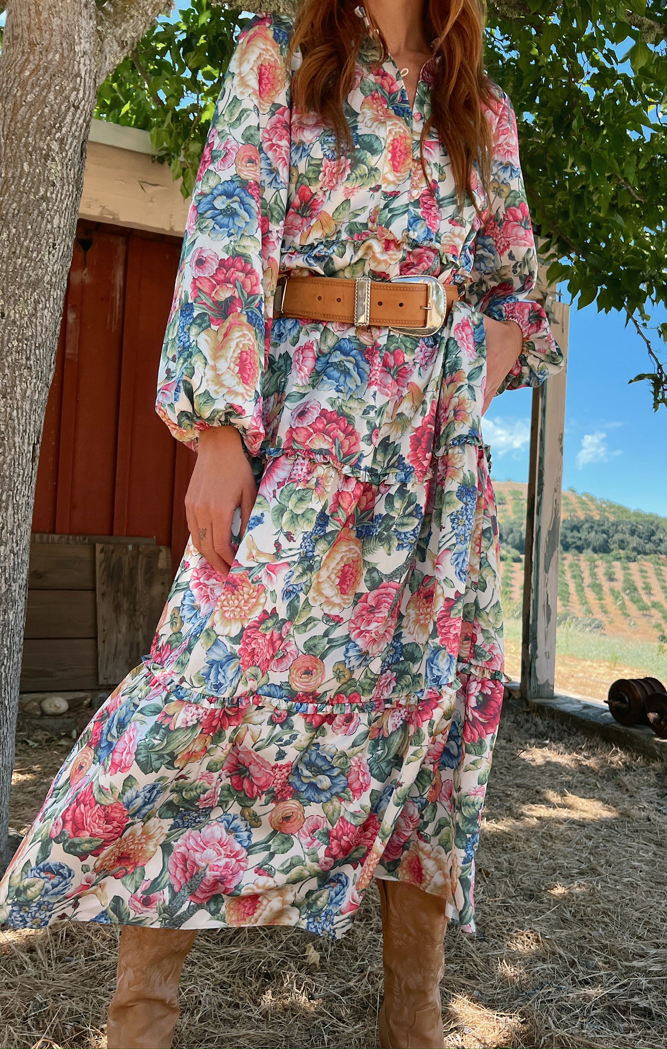 Floral Maxi Dress with Tiered Bodice & Billowy Sleeves | Loretta
