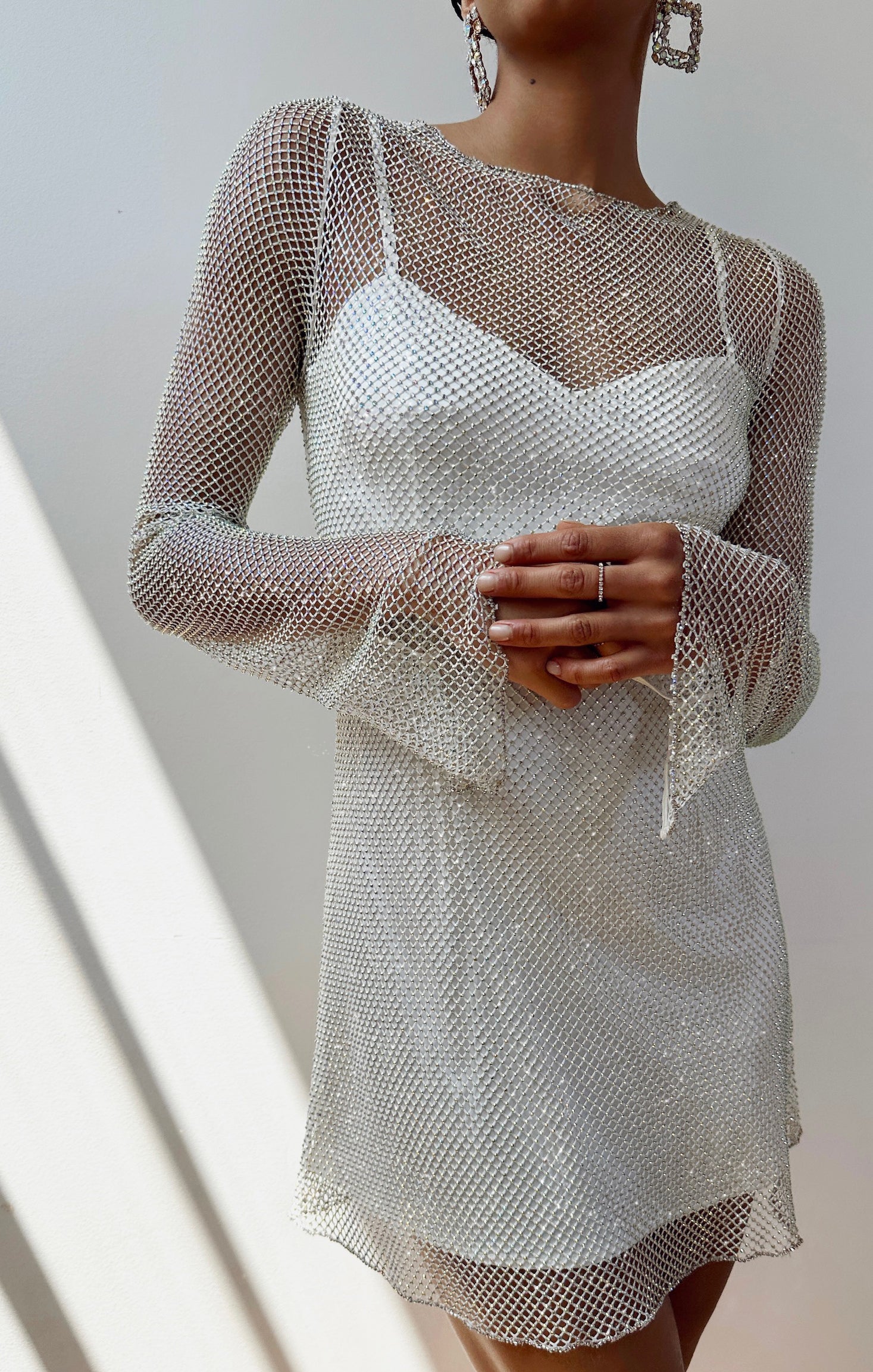 Sparkling White Mini Dress with Mesh Details | Iconic Glitz