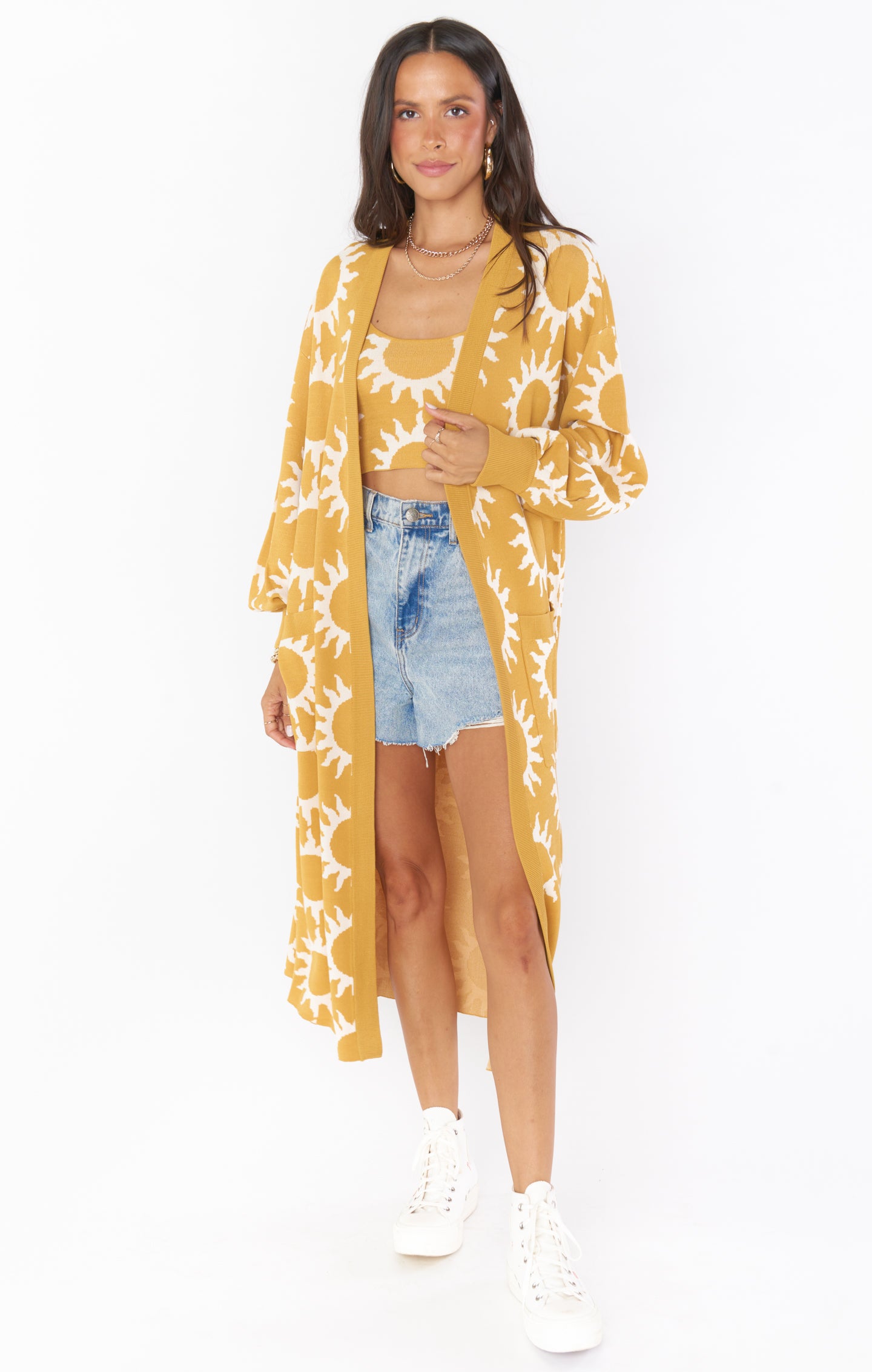 Longline Open Front Cardigan with Pockets & Lantern Sleeves | Paradise Sun Knit