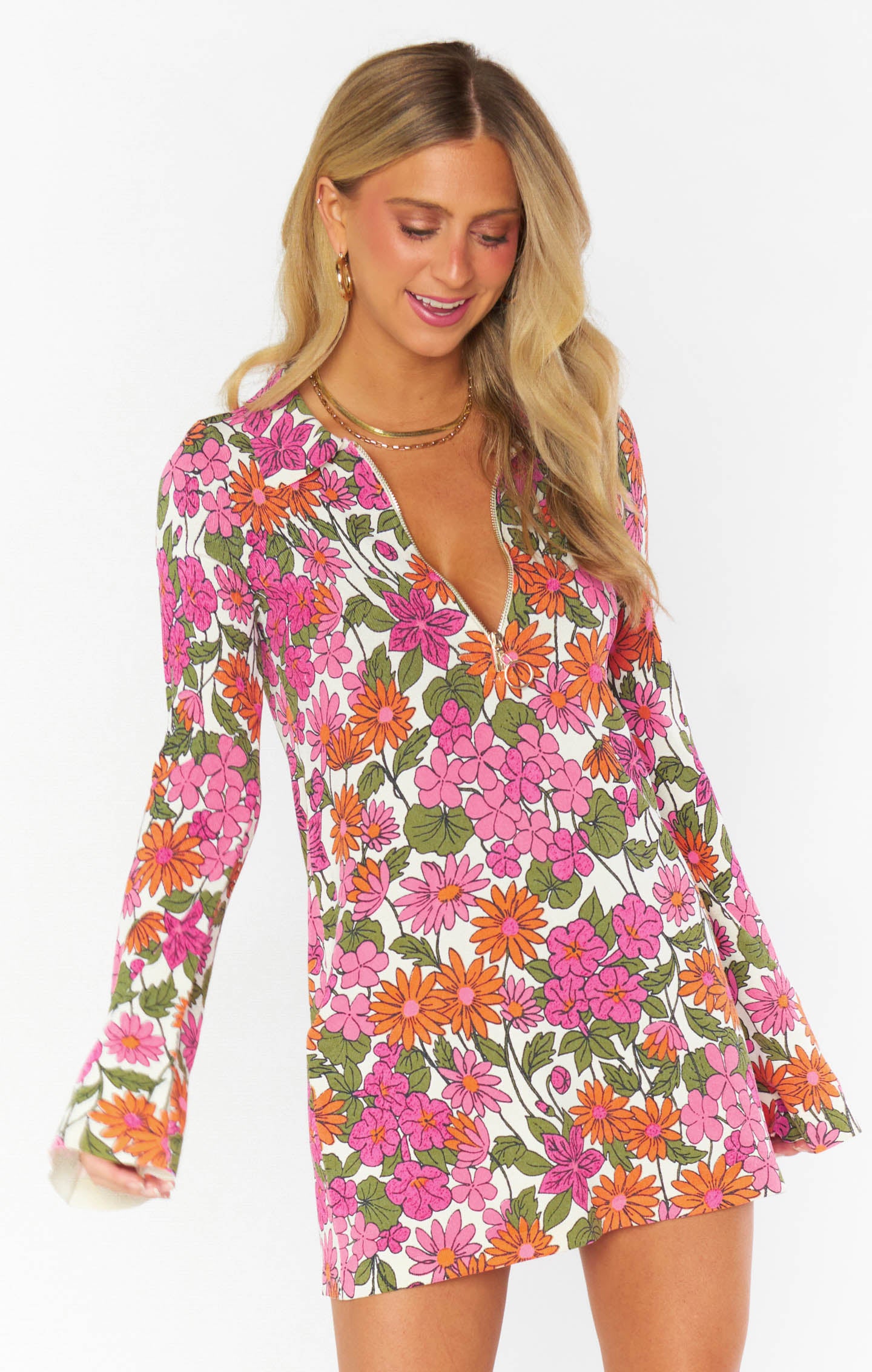 Floral Knit Mini Dress with Quarter Zip & Long Sleeves | Charlie Collar