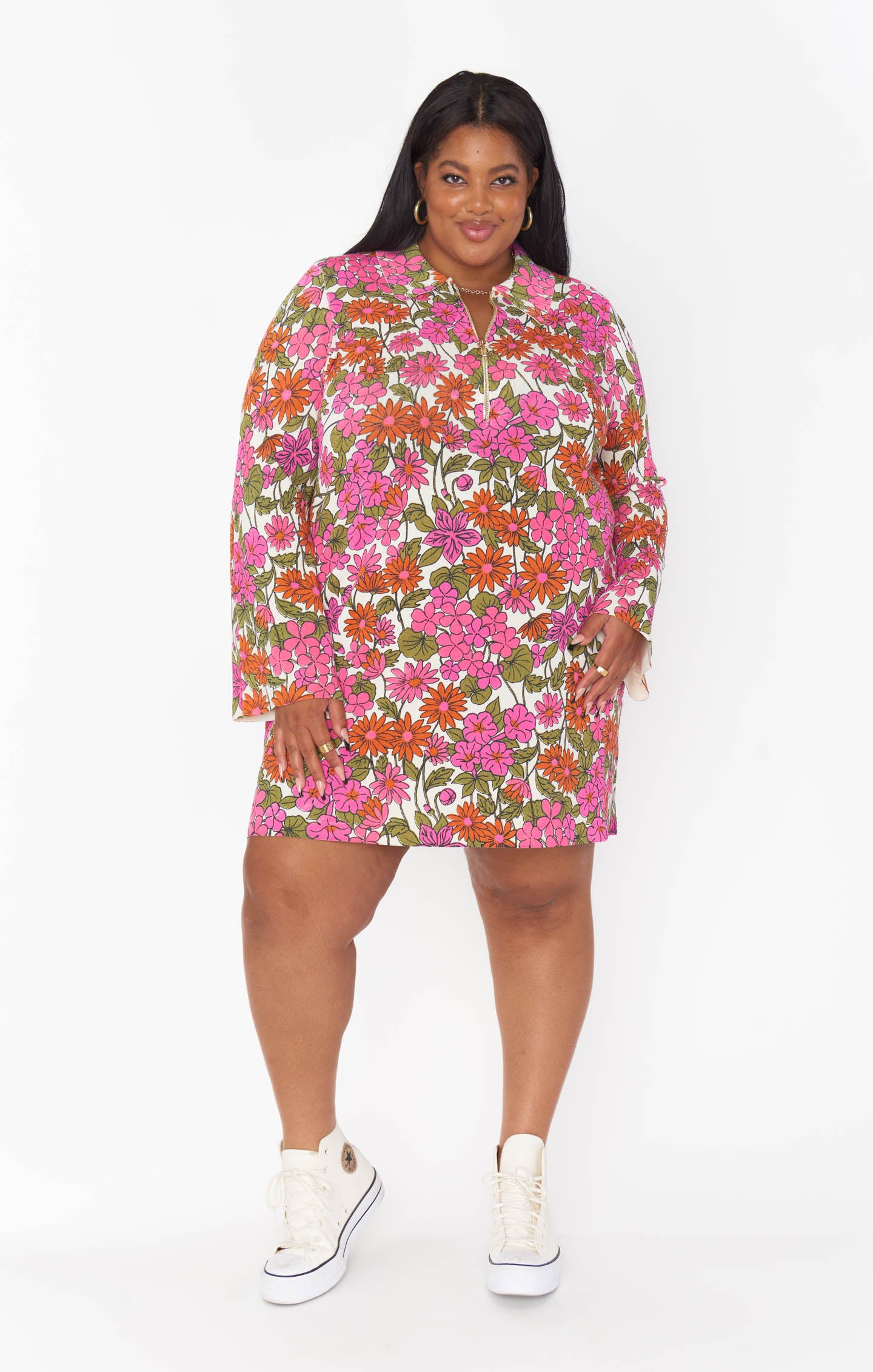 Floral Knit Mini Dress with Quarter Zip & Long Sleeves | Charlie Collar