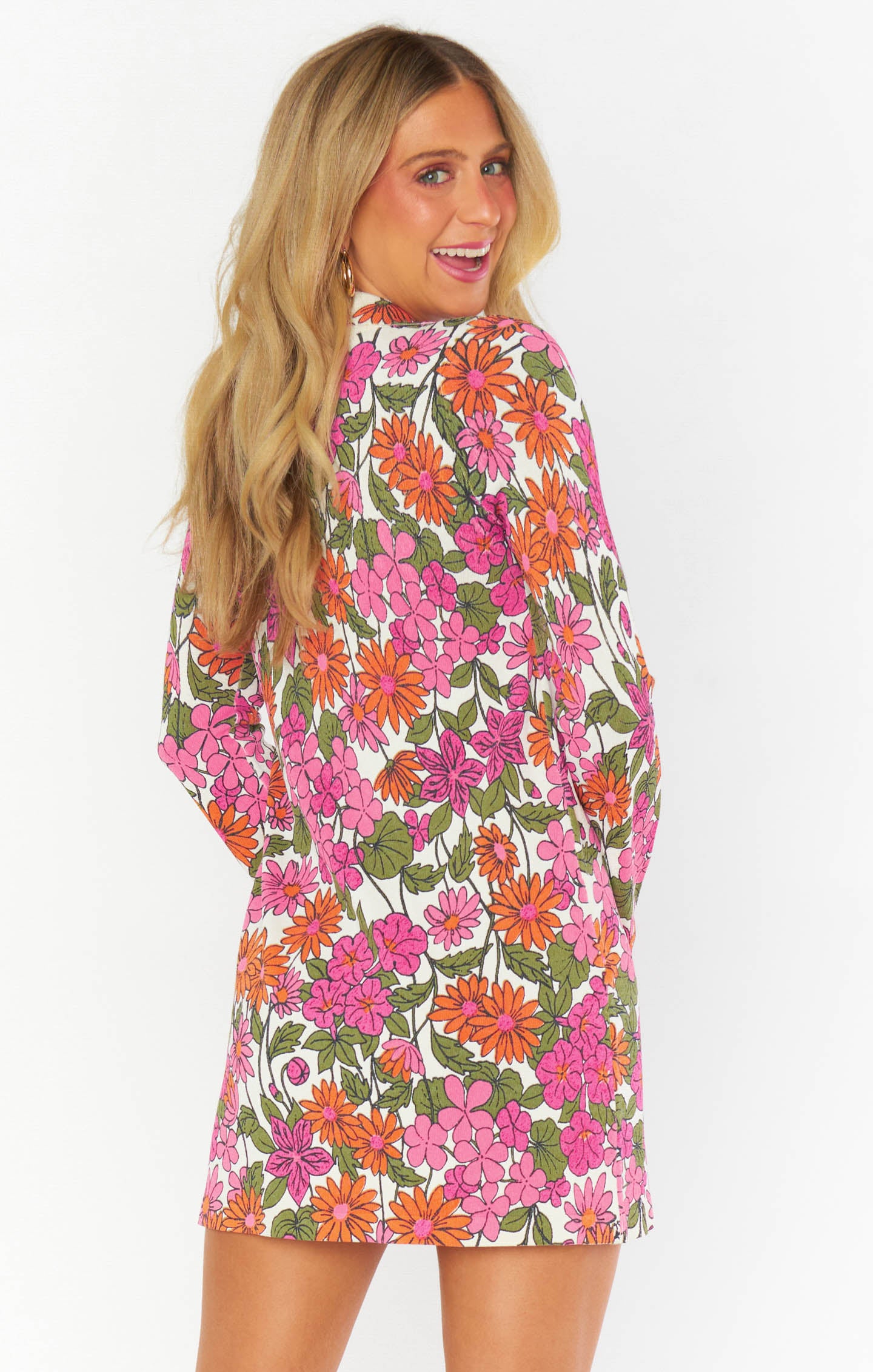 Floral Knit Mini Dress with Quarter Zip & Long Sleeves | Charlie Collar