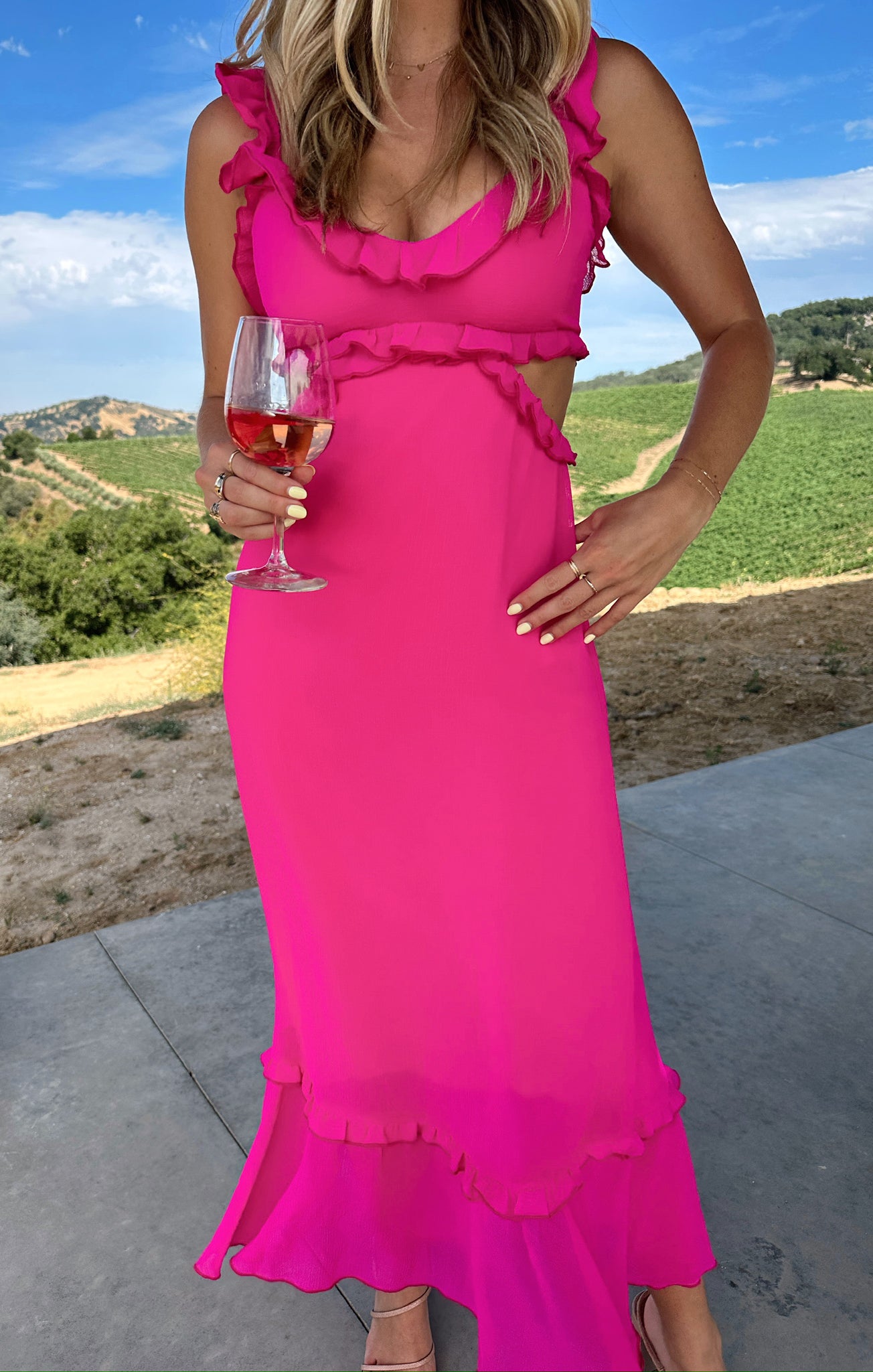 Pink Chiffon Lane Midi Dress with Ruffled Straps & V-Neck | Event Ready