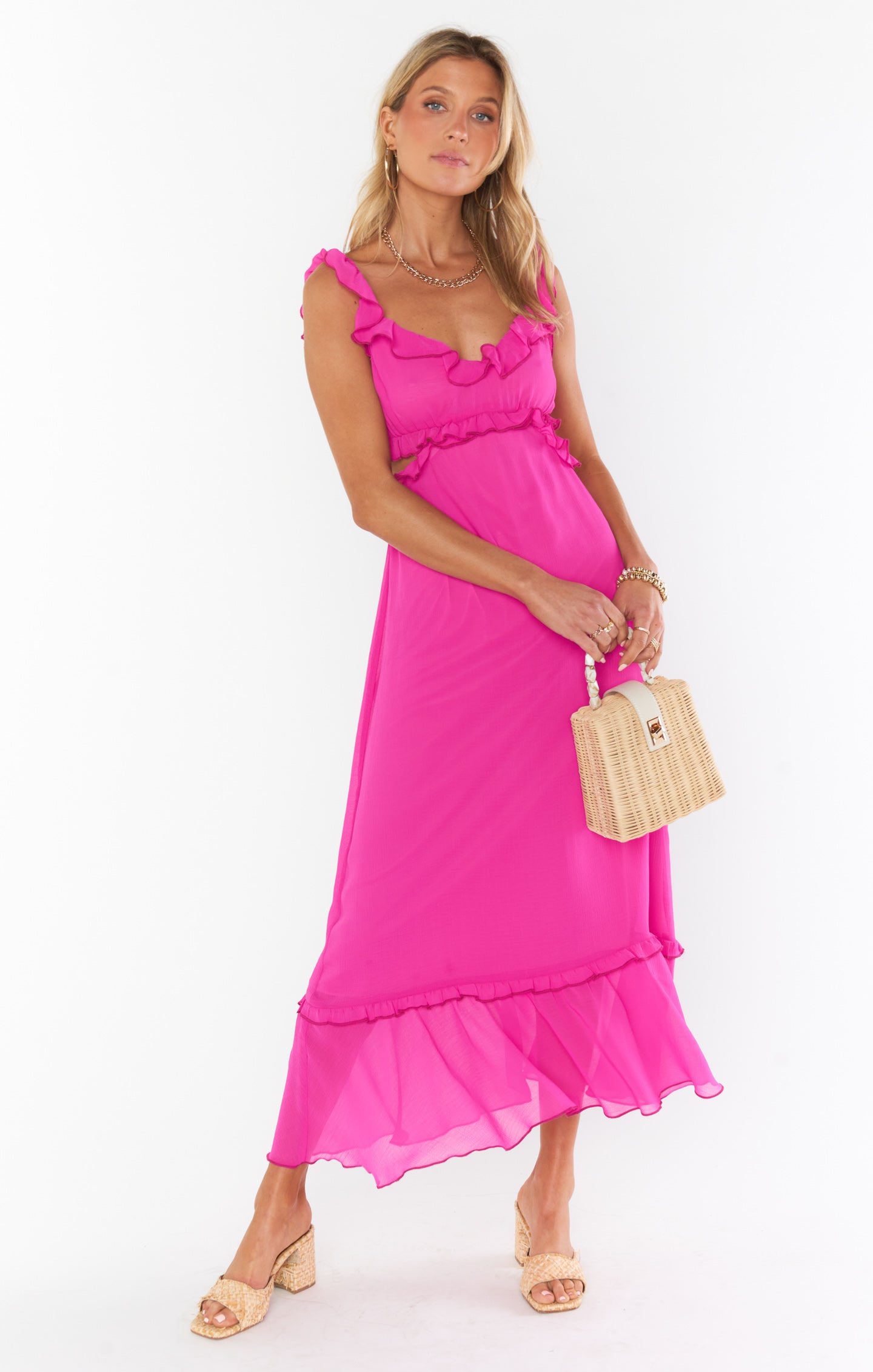 Pink Chiffon Lane Midi Dress with Ruffled Straps & V-Neck | Event Ready