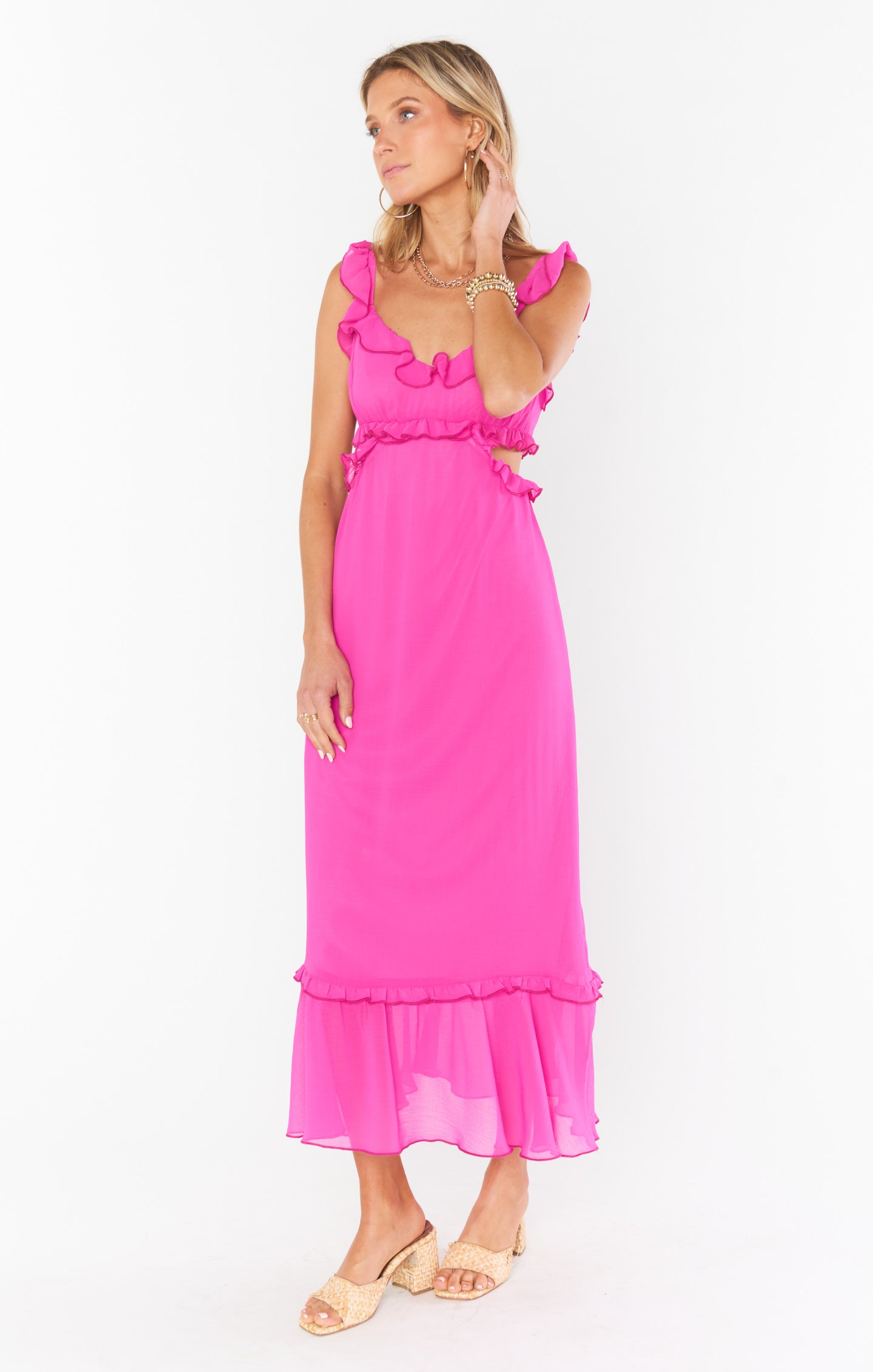 Pink Chiffon Lane Midi Dress with Ruffled Straps & V-Neck | Event Ready