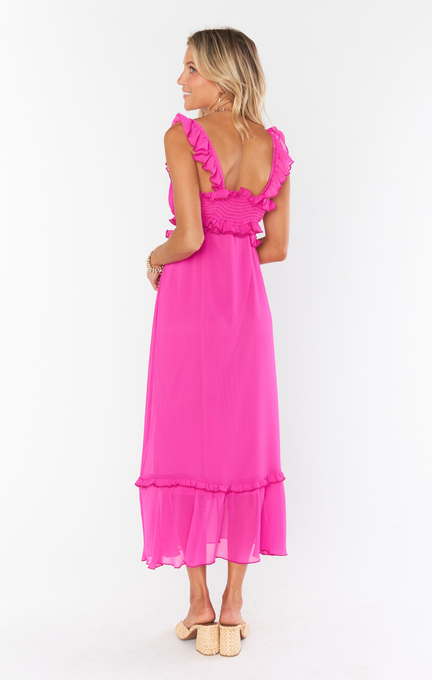 Pink Chiffon Lane Midi Dress with Ruffled Straps & V-Neck | Event Ready