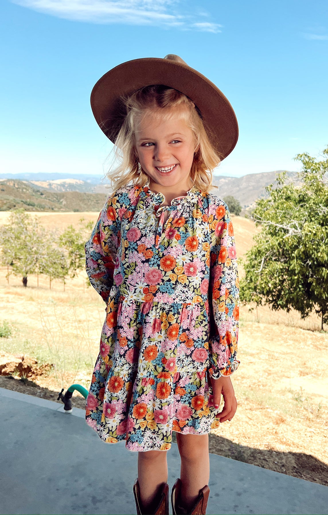 Floral Tiered Dress for Girls with Long Poof Sleeves | Little Birdie