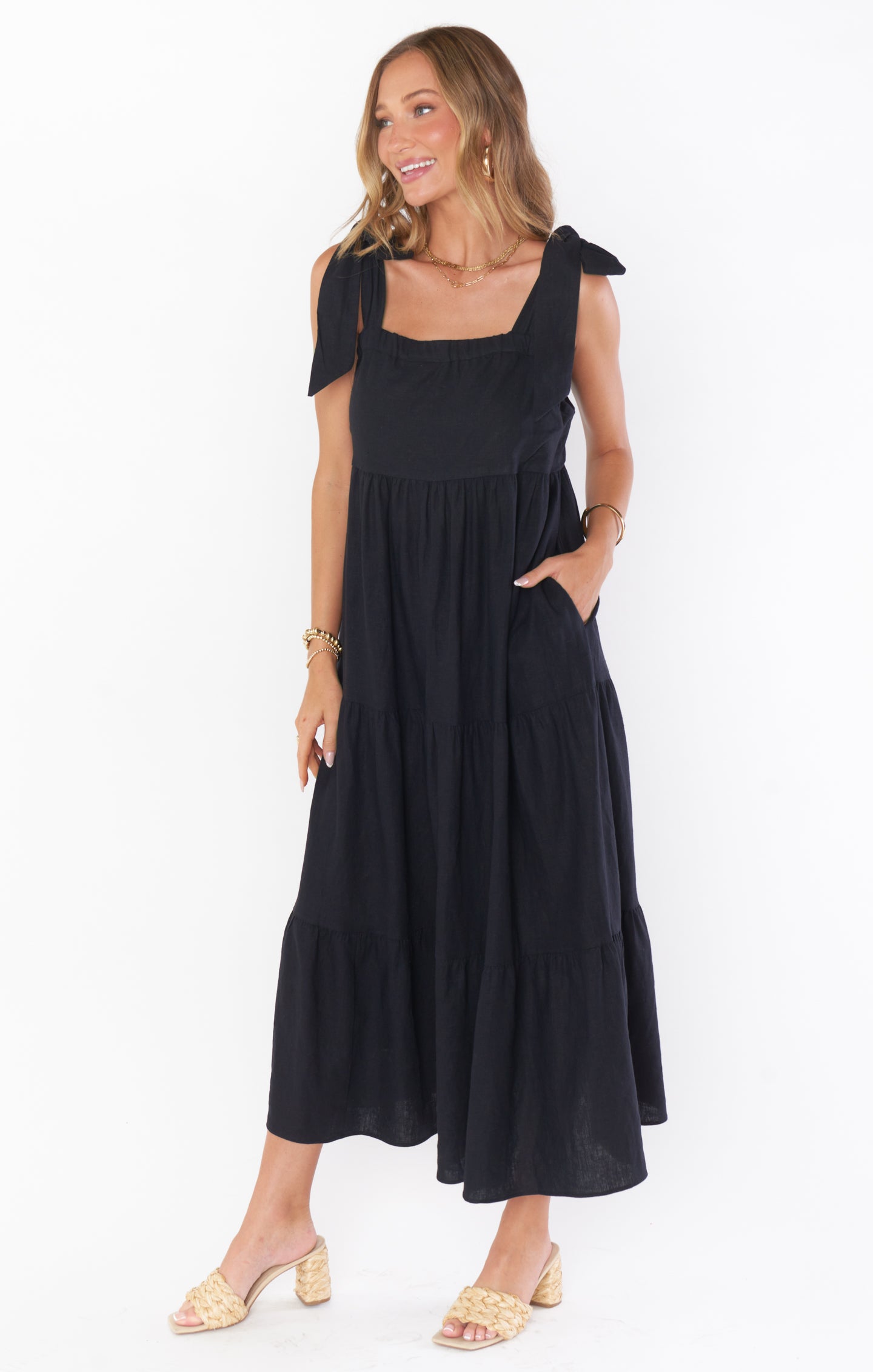 Linen Maxi Dress with Adjustable Tie Straps | Arabella
