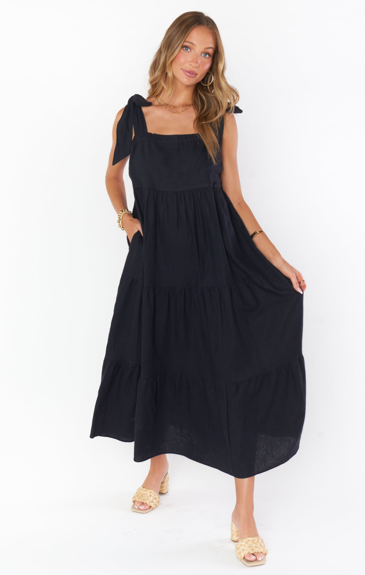 Linen Maxi Dress with Adjustable Tie Straps | Arabella