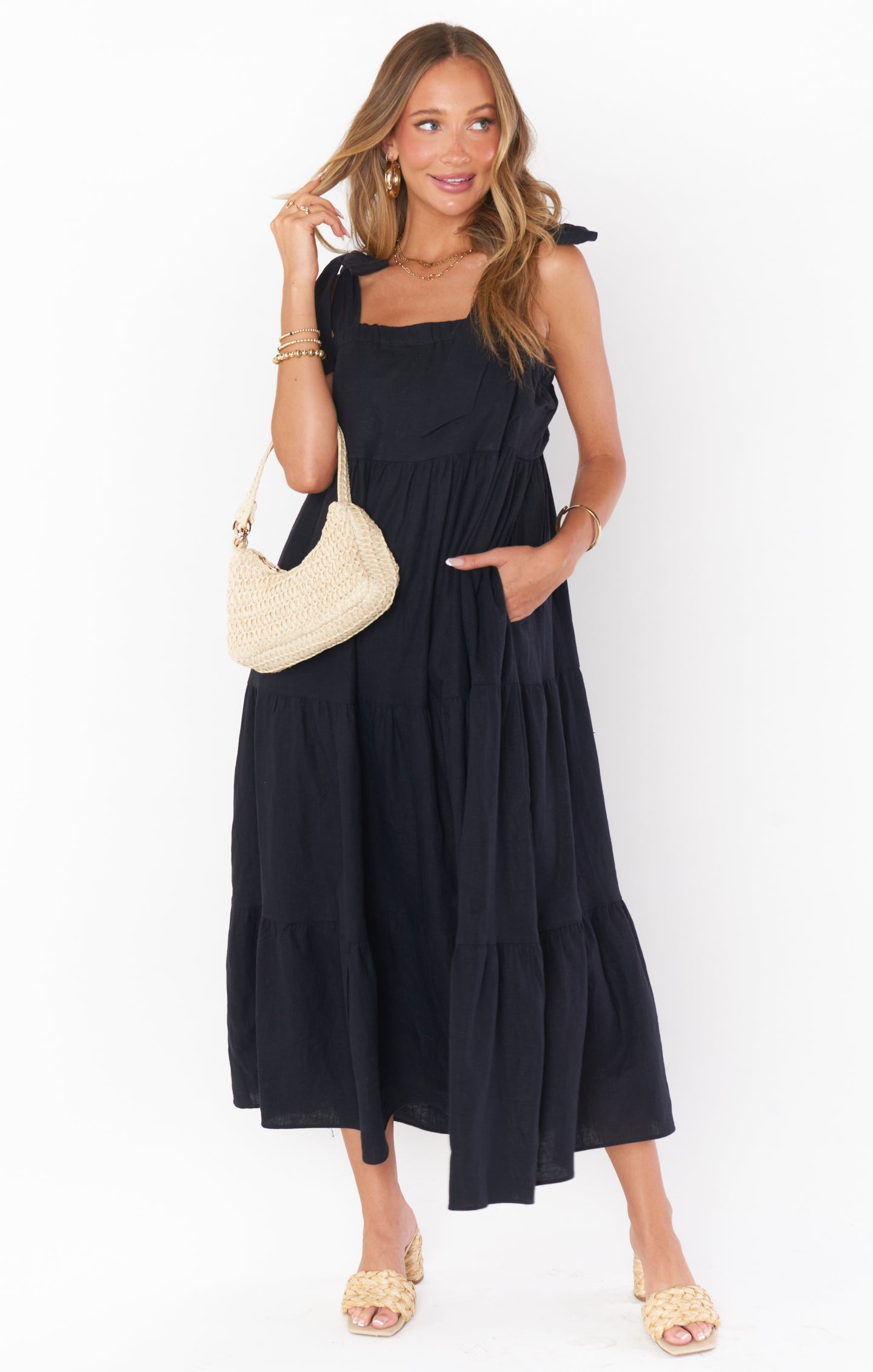Linen Maxi Dress with Adjustable Tie Straps | Arabella
