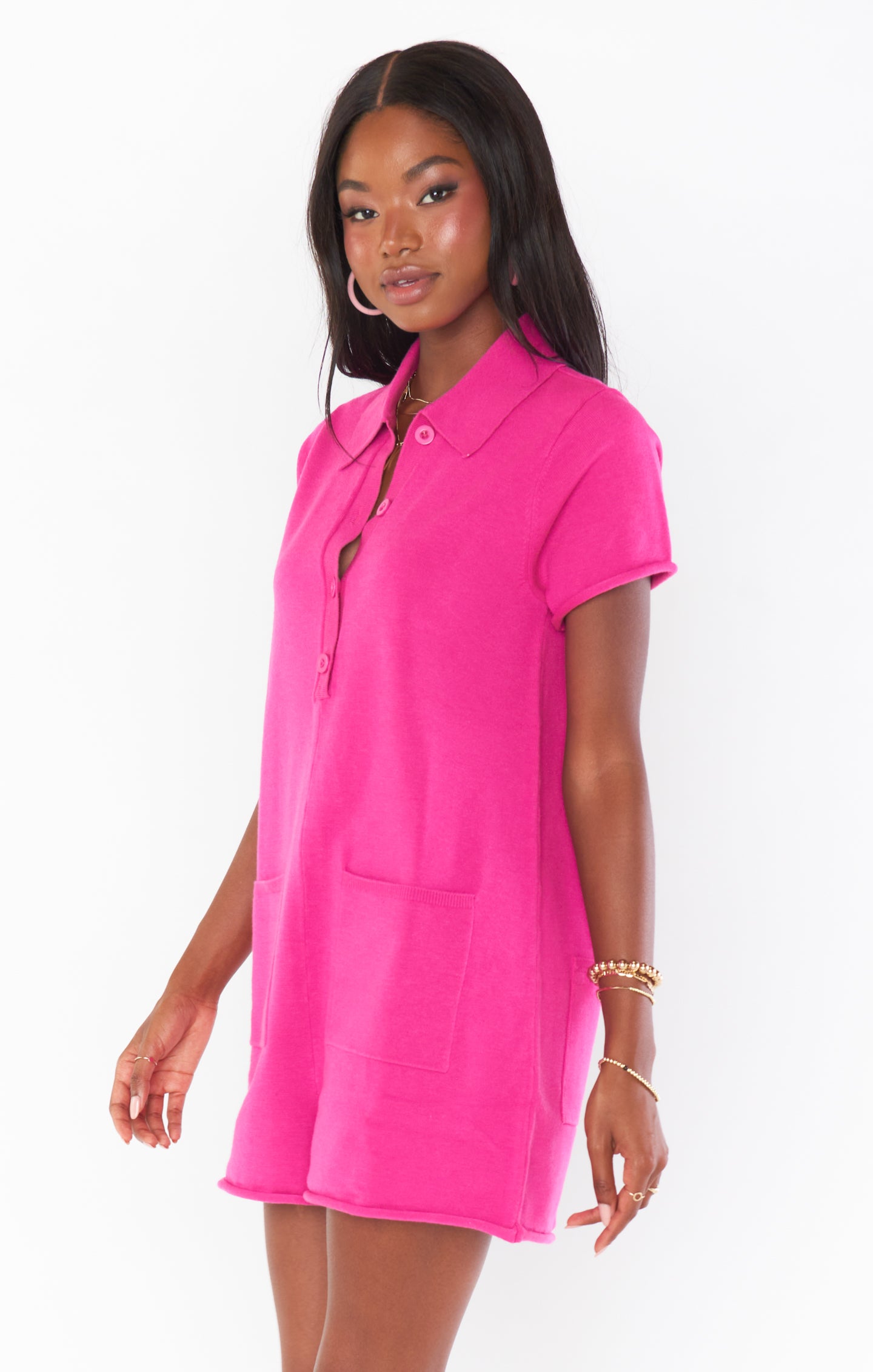 Knit Sweater Romper with Collar & Pockets | Gio Hot Pink