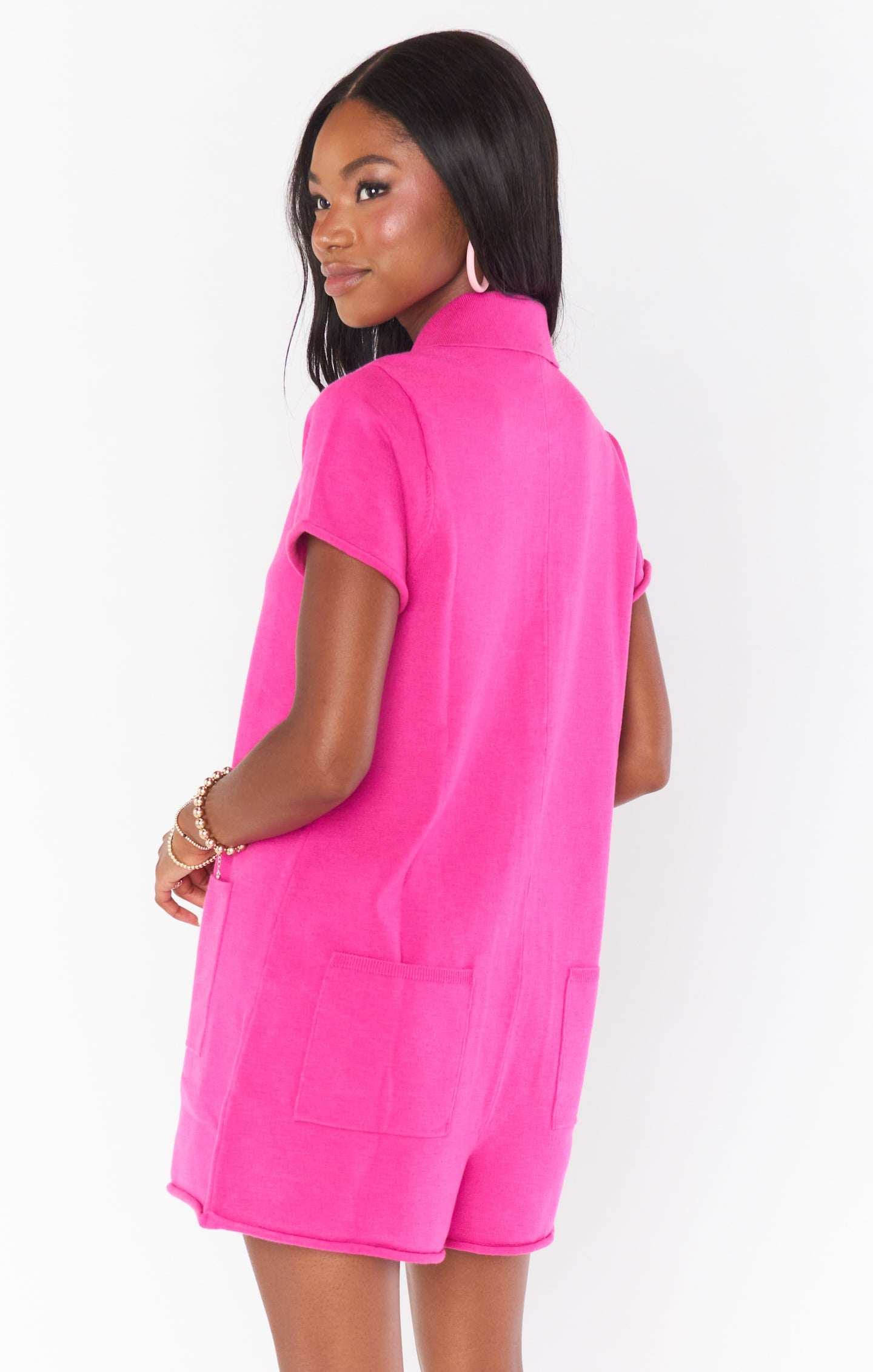 Knit Sweater Romper with Collar & Pockets | Gio Hot Pink