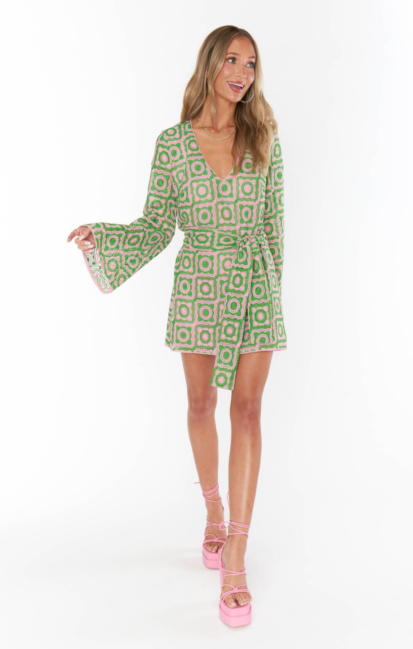 Floral Crochet Mini Dress with Bell Sleeves | Treasure