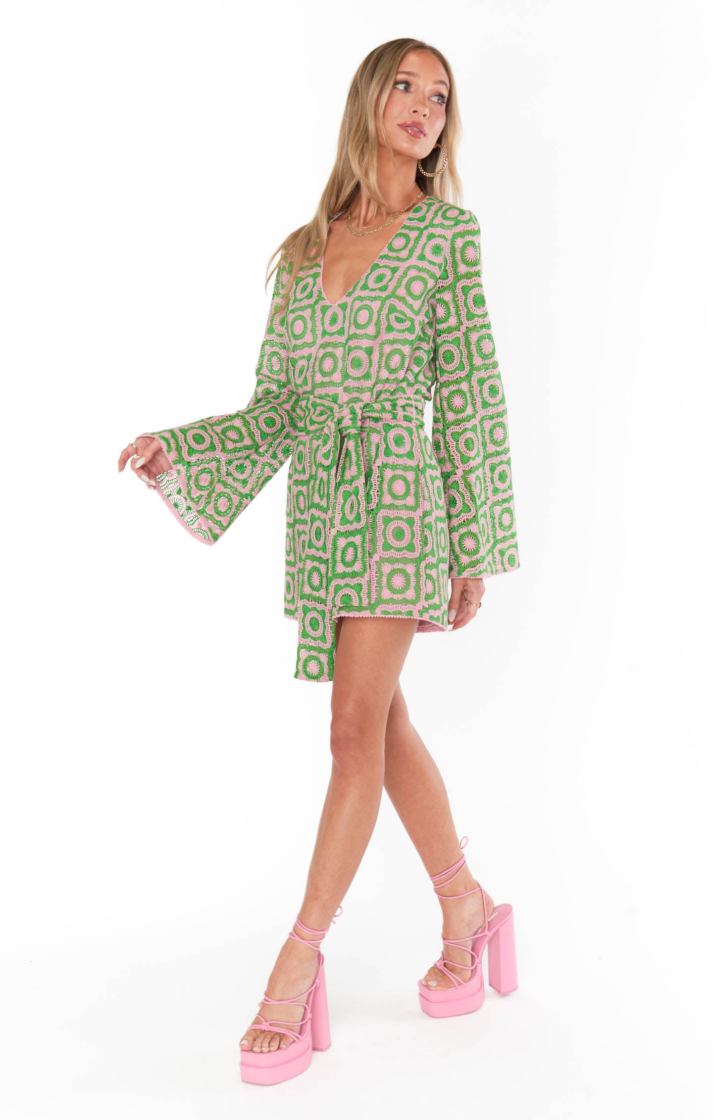 Floral Crochet Mini Dress with Bell Sleeves | Treasure
