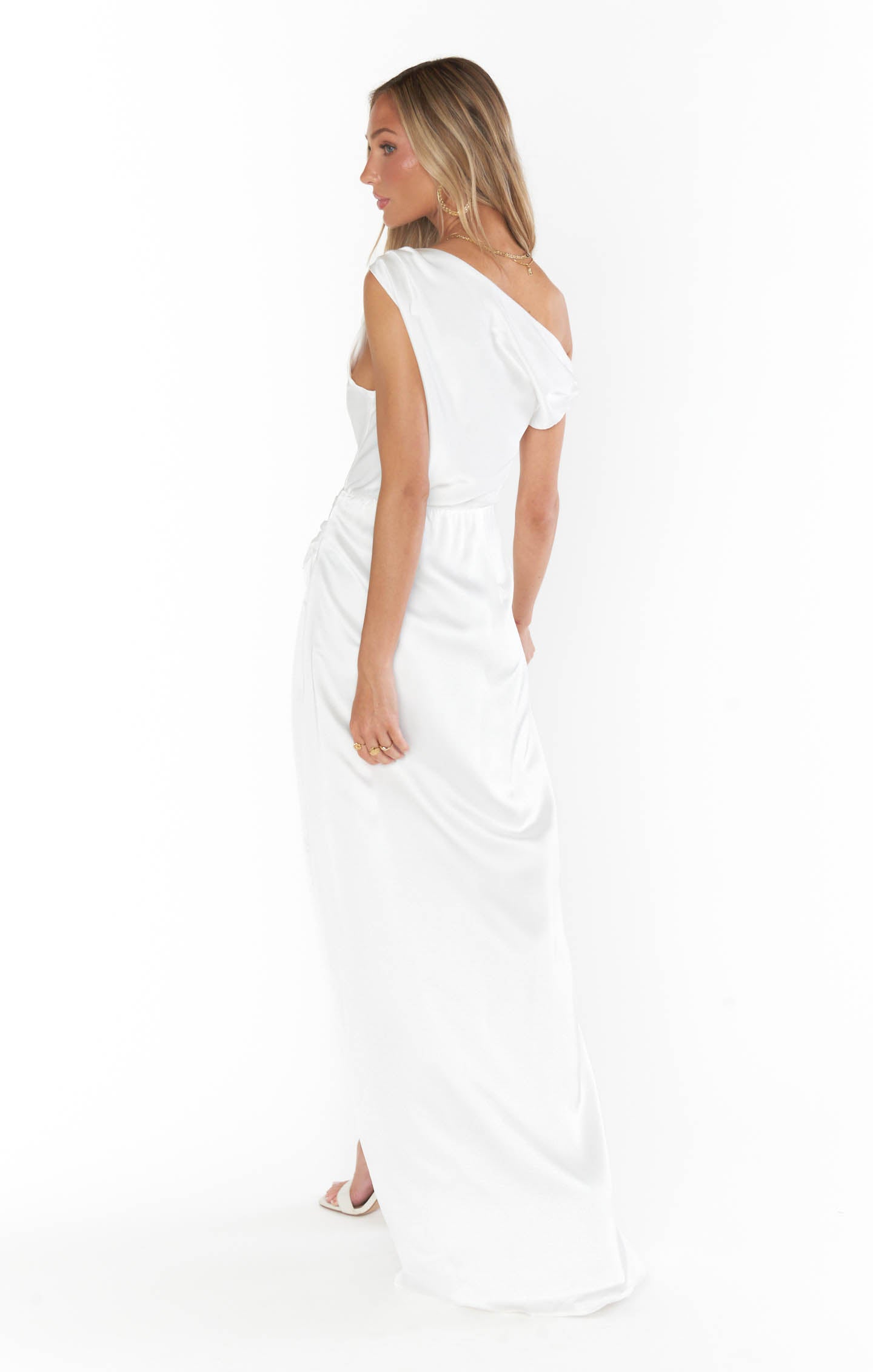 Elegant Satin Jodie Dress with Draped Neckline & Side Slit | Ivory Luxe